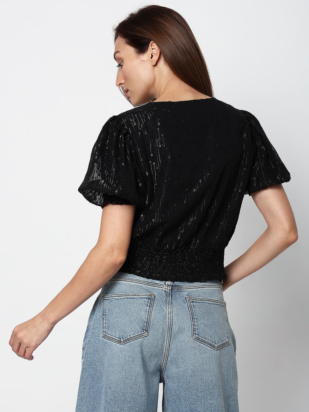 Black Textured Smocked Top