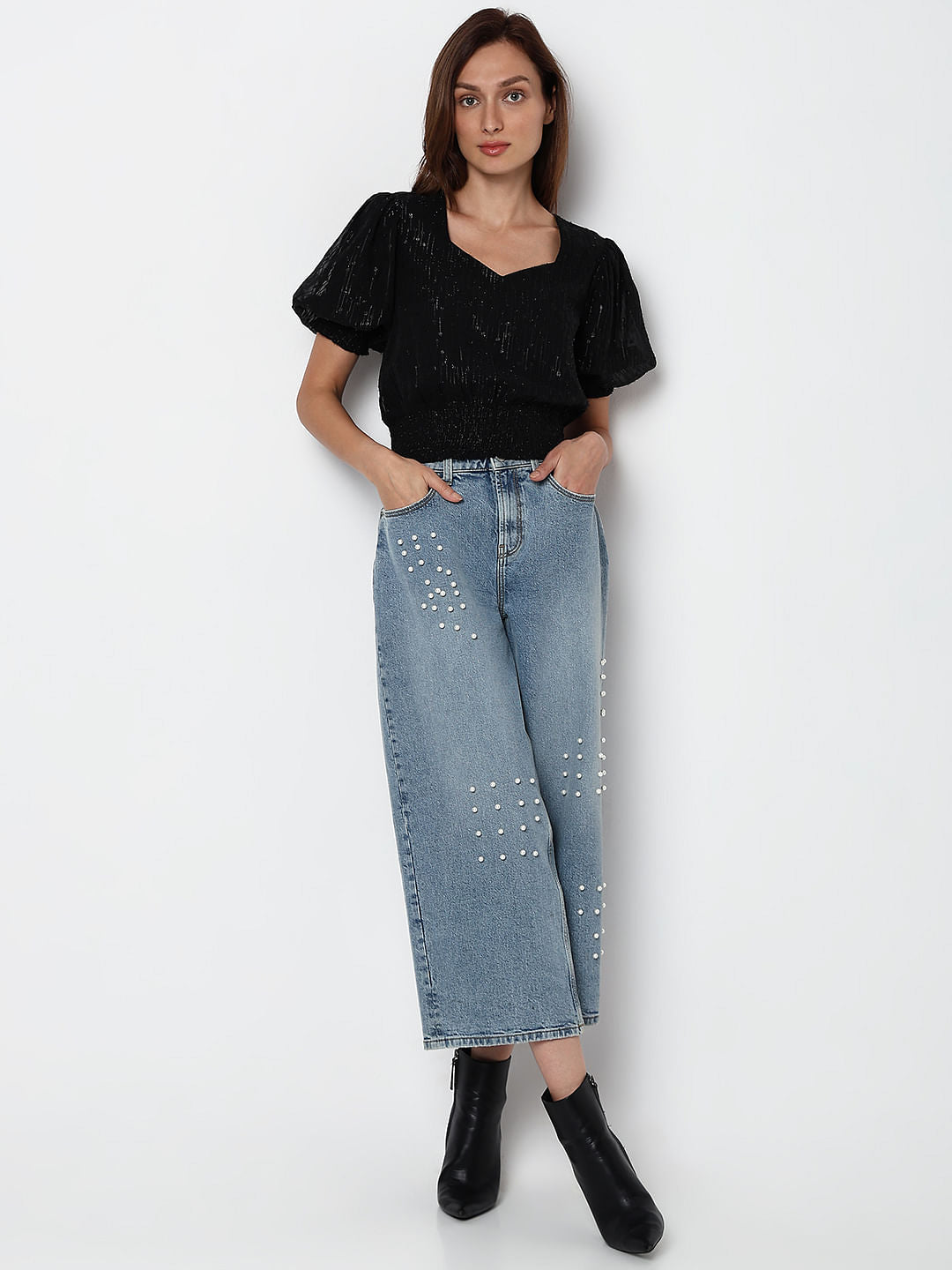 Black Textured Smocked Top