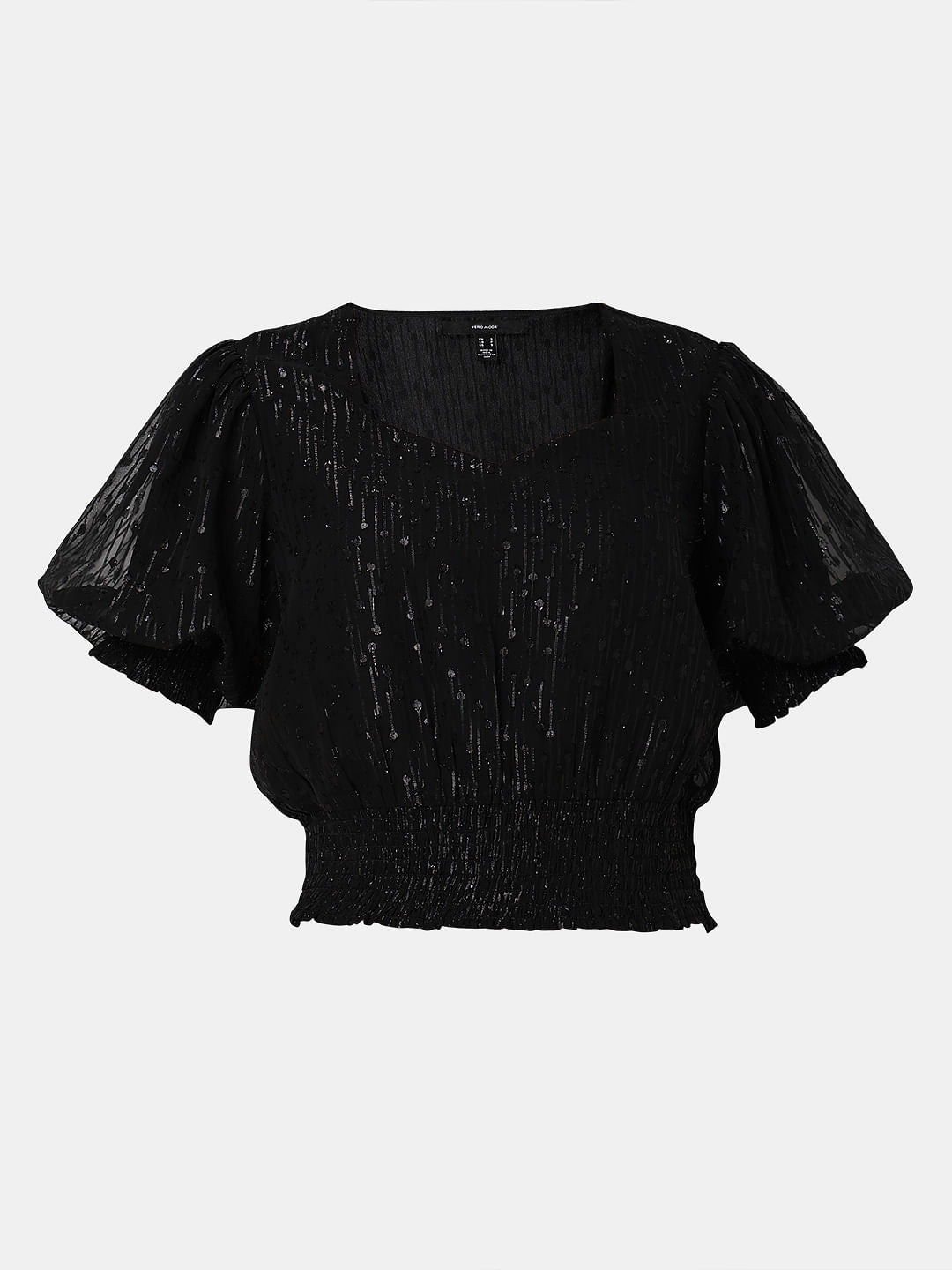 Black Textured Smocked Top