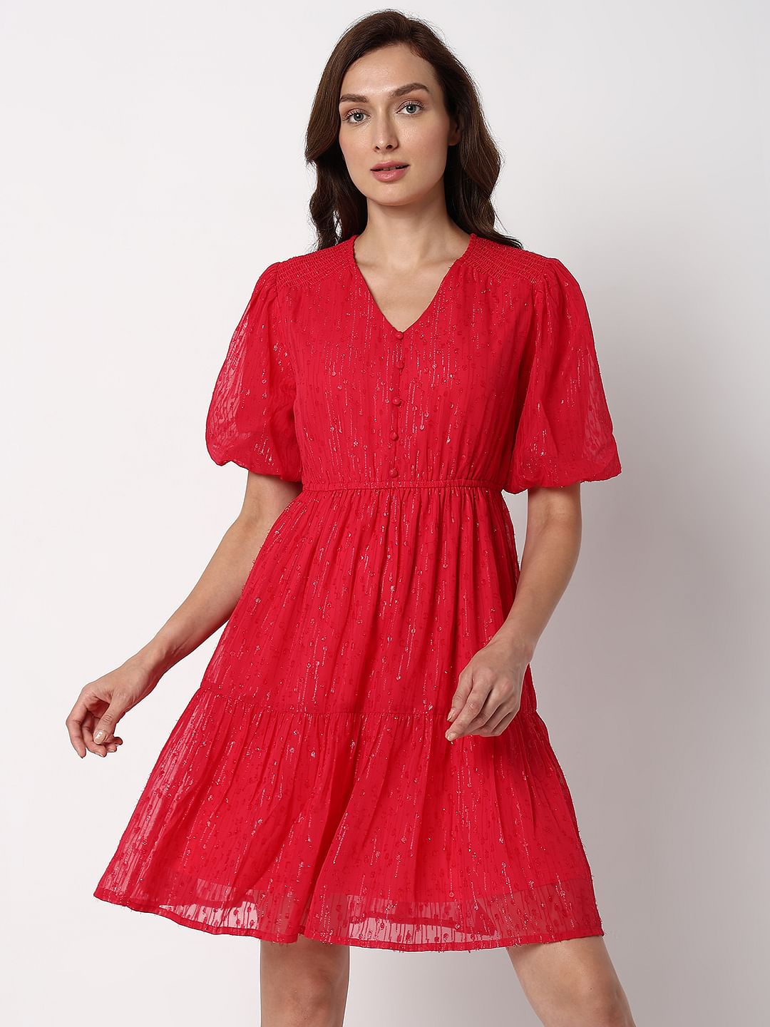 Pink Textured Fit & Flare Dress