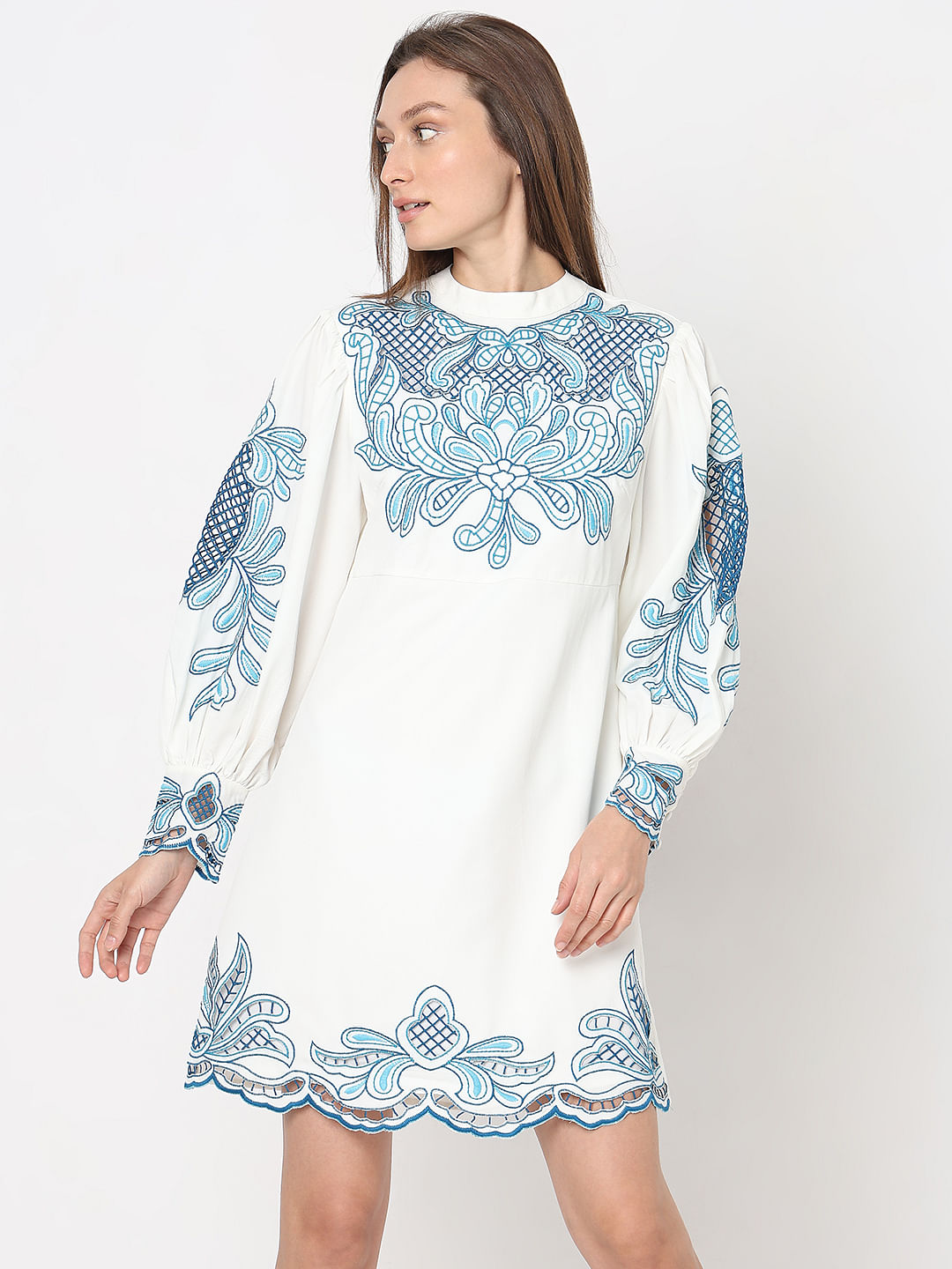Blue & White Embroidered Shift Dress