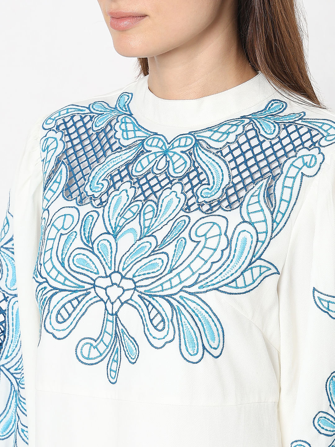 Blue & White Embroidered Shift Dress