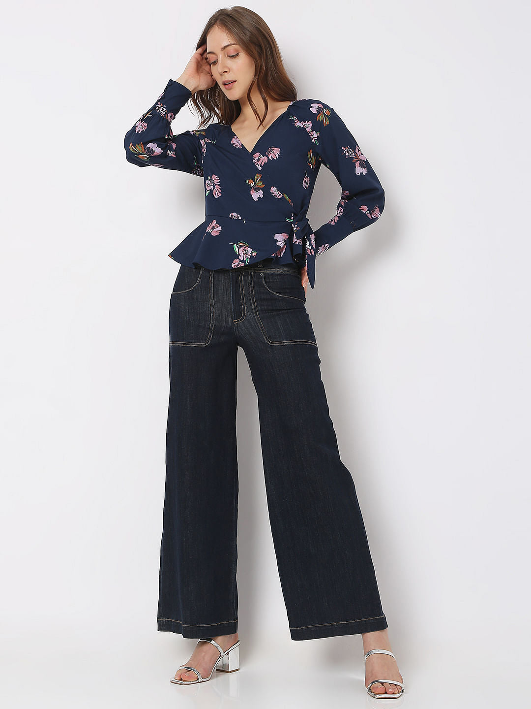 Navy Blue Floral Wrap Top