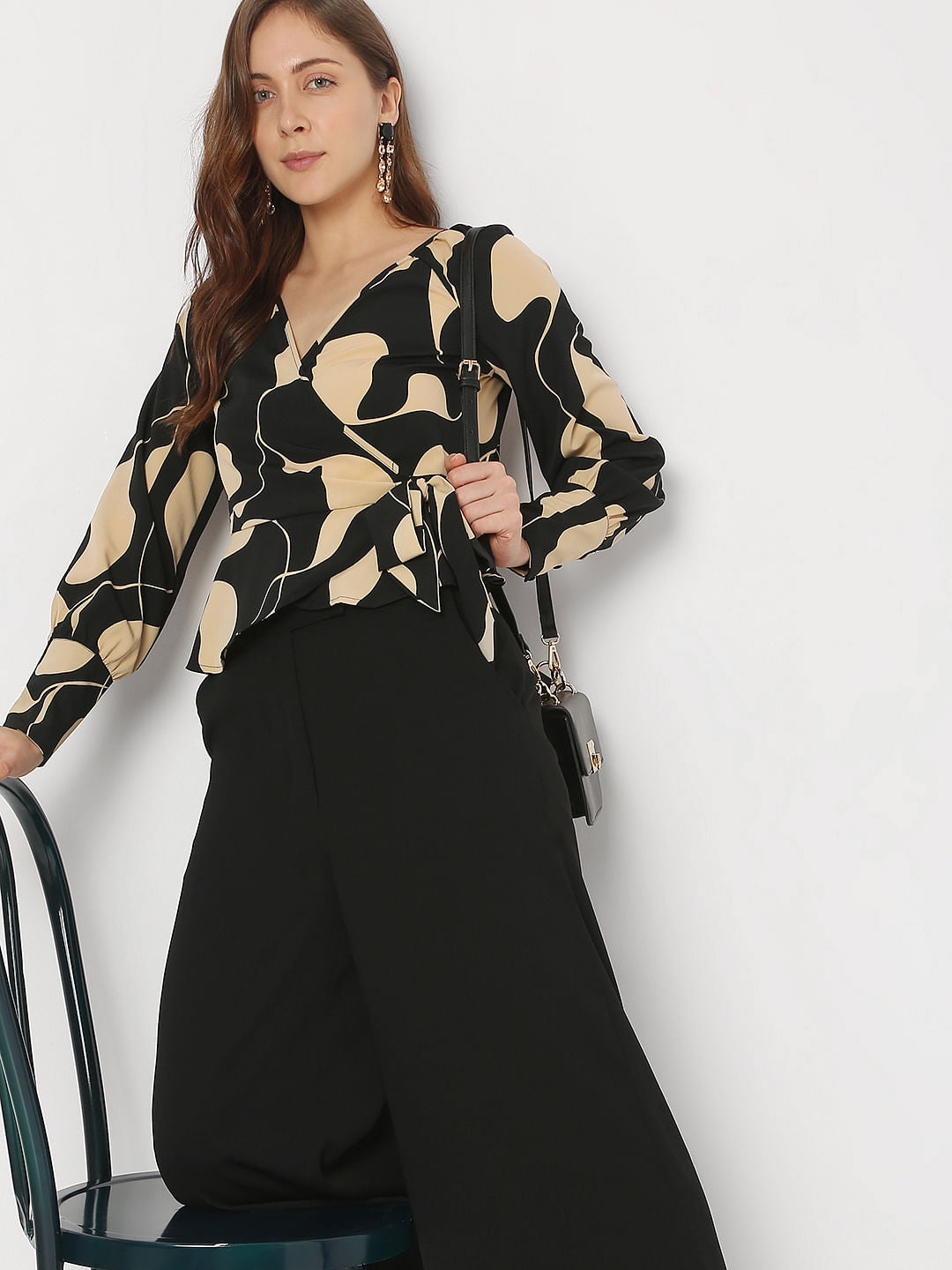 Black Abstract Print Overlap Top