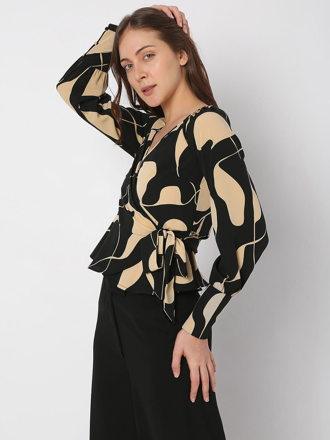 Black Abstract Print Overlap Top