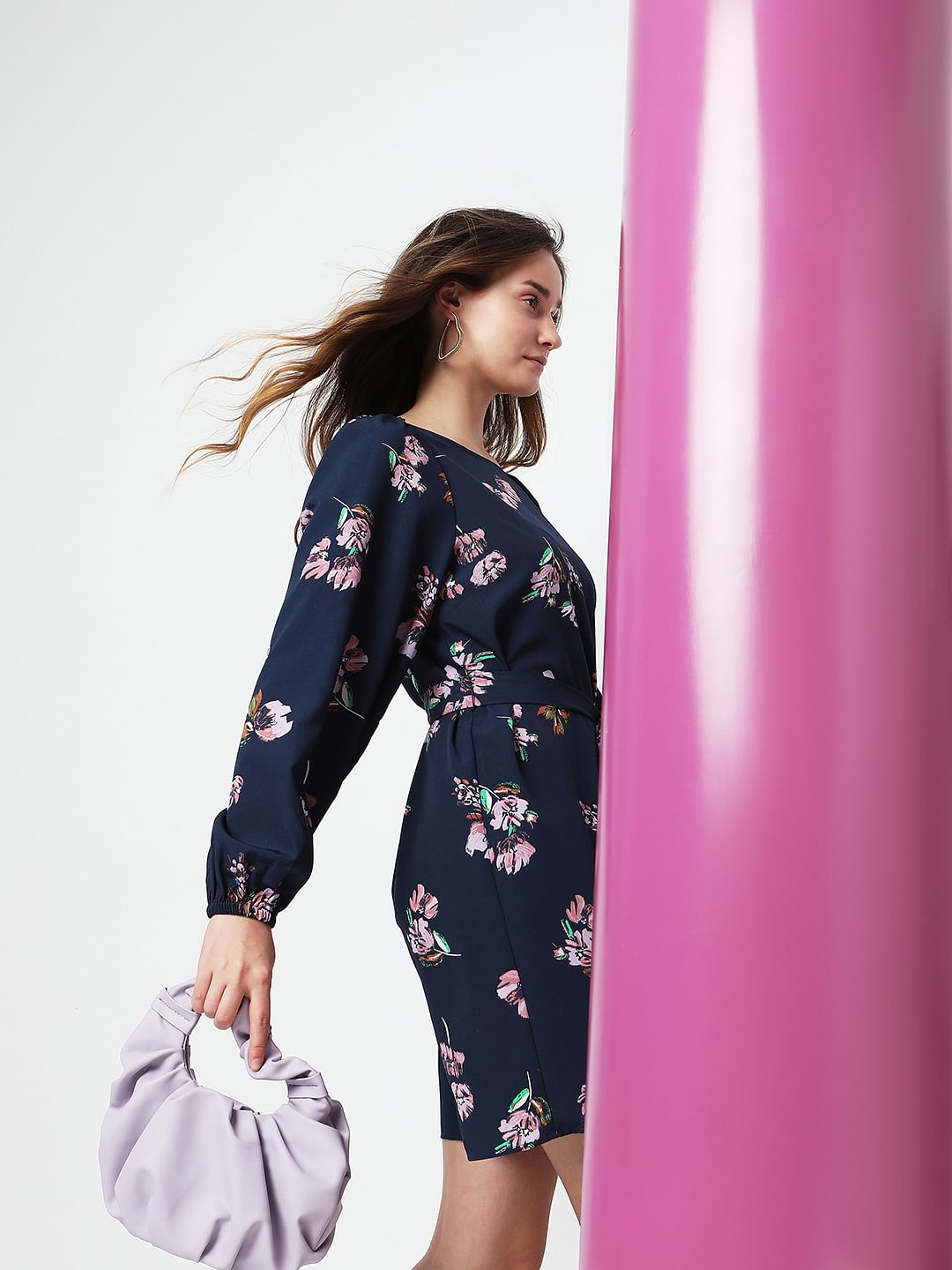 Navy Blue Floral Tie-Up Mini Dress