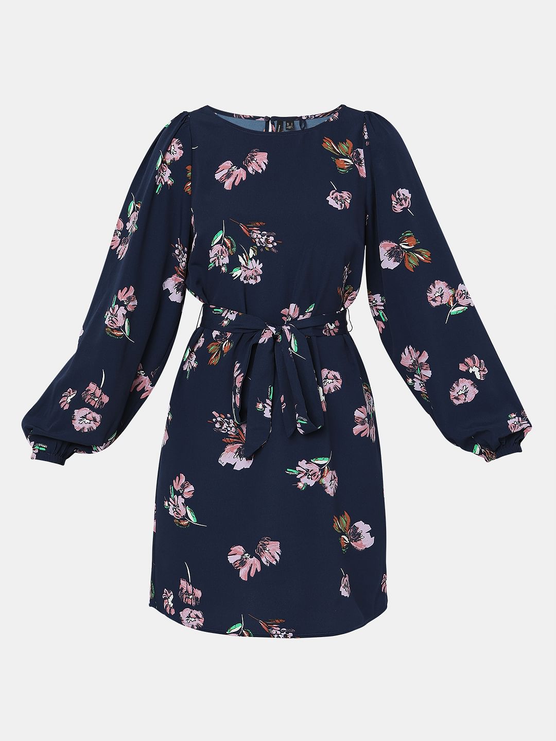 Navy Blue Floral Tie-Up Mini Dress