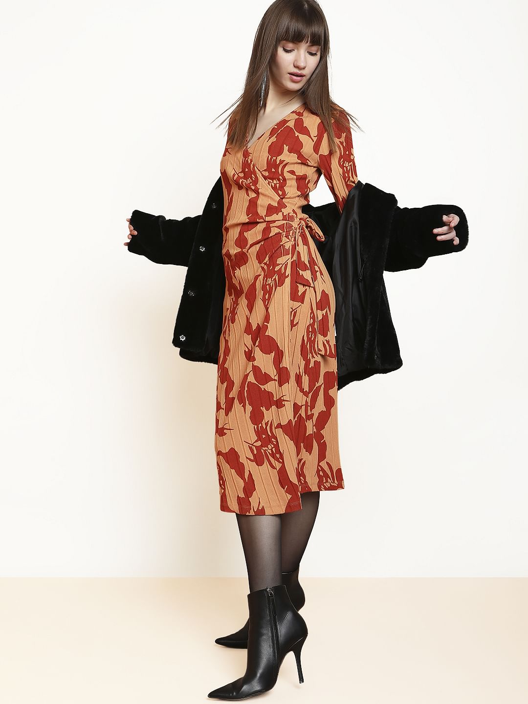 Brown Floral Wrap Bodycon Dress