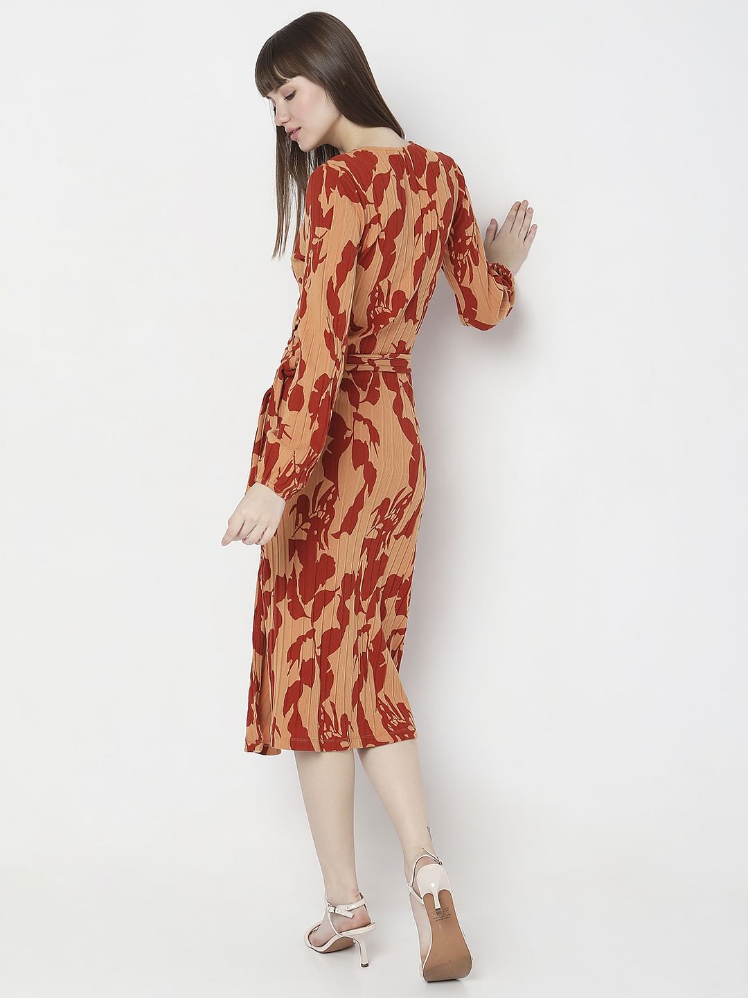 Brown Floral Wrap Bodycon Dress