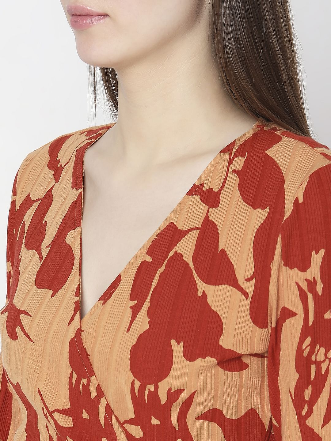 Brown Floral Wrap Bodycon Dress