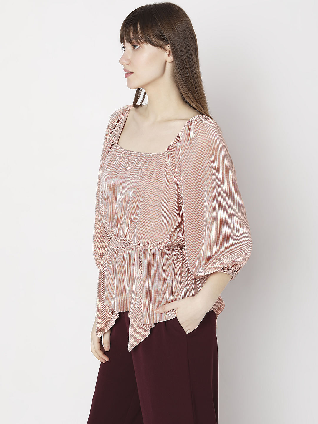 Beige Pleated Puff Sleeves Top