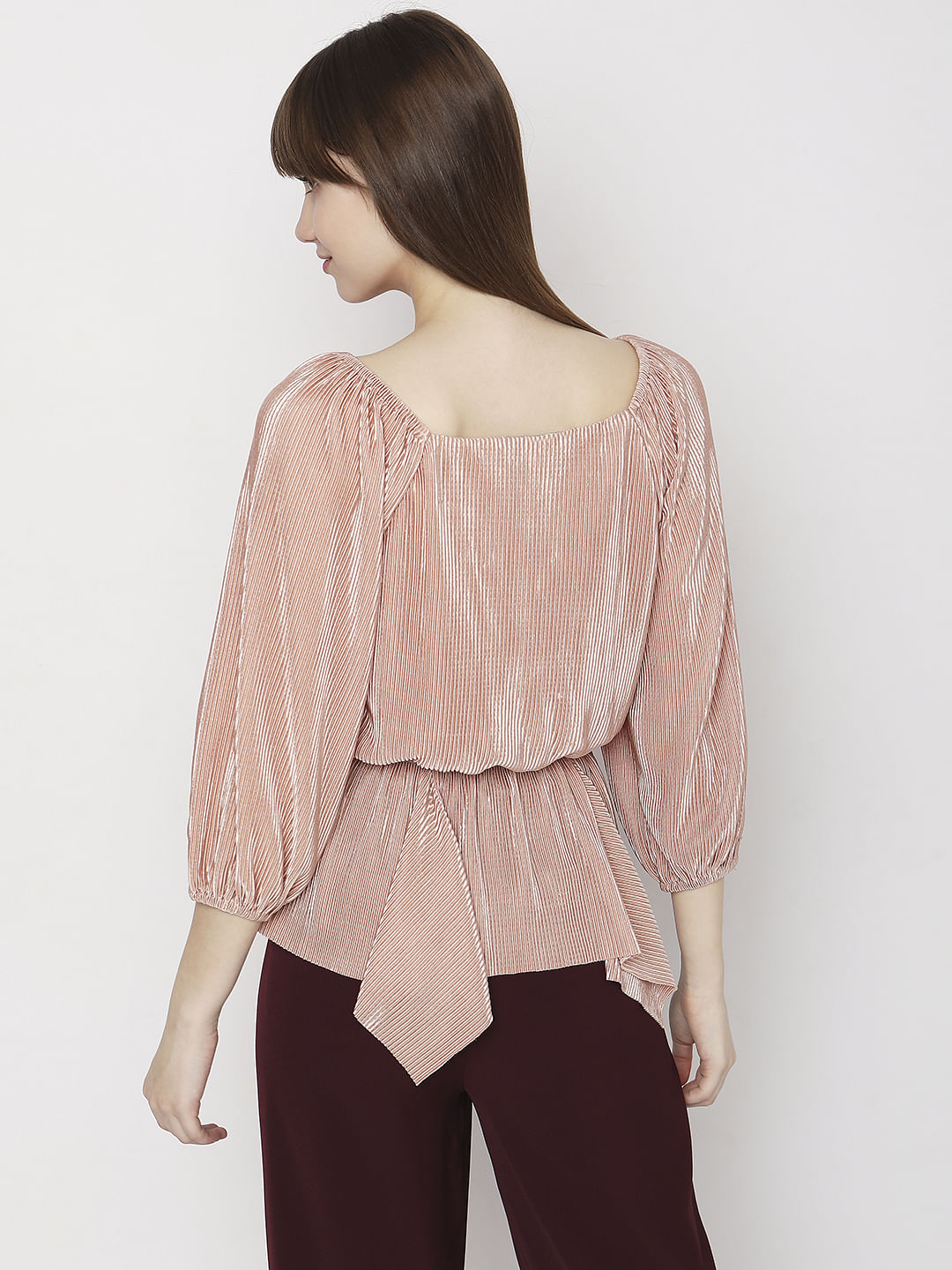 Beige Pleated Puff Sleeves Top