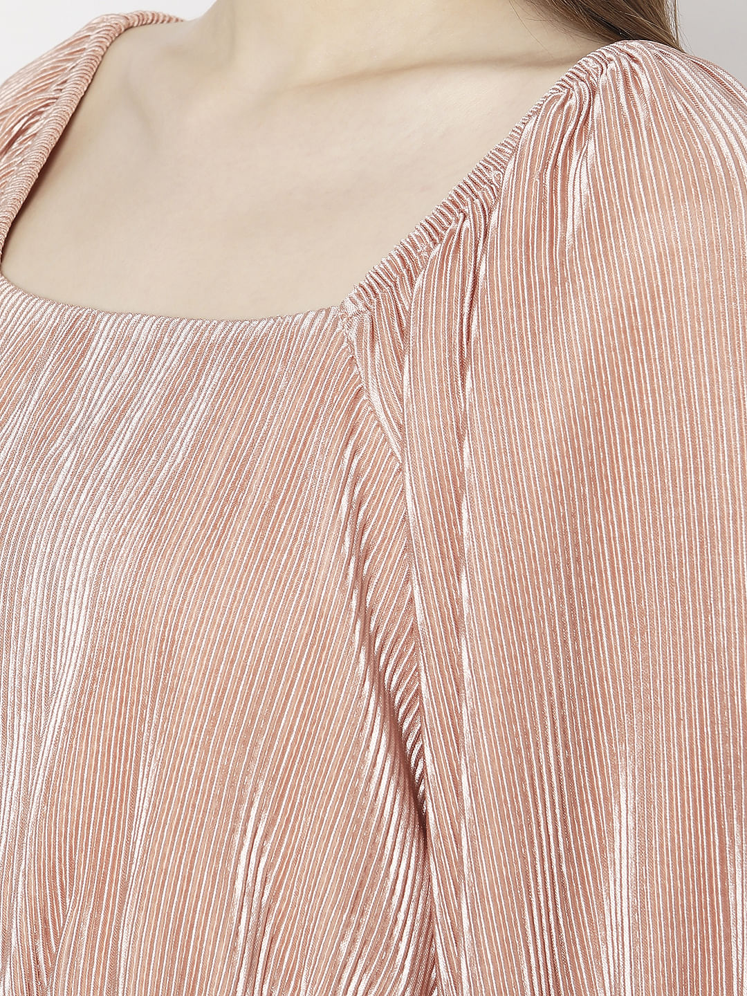 Beige Pleated Puff Sleeves Top