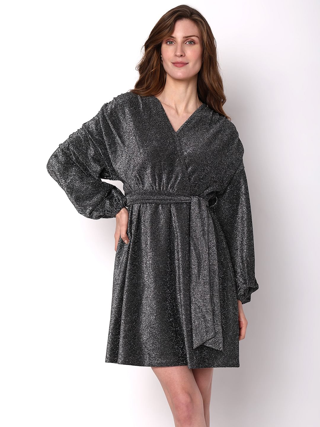 Black Shimmer Front Wrap Dress