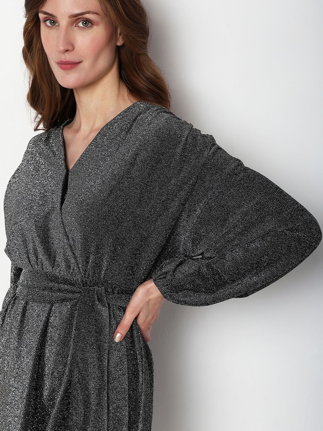 Black Shimmer Front Wrap Dress