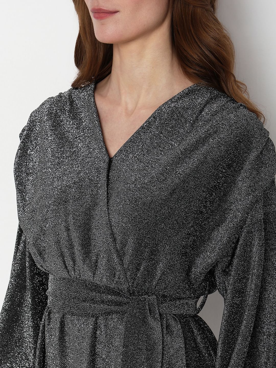 Black Shimmer Front Wrap Dress