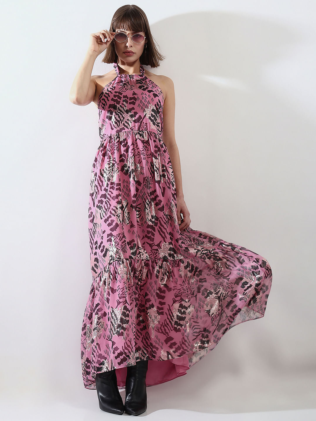 Pink Printed Halter Neck Maxi Dress