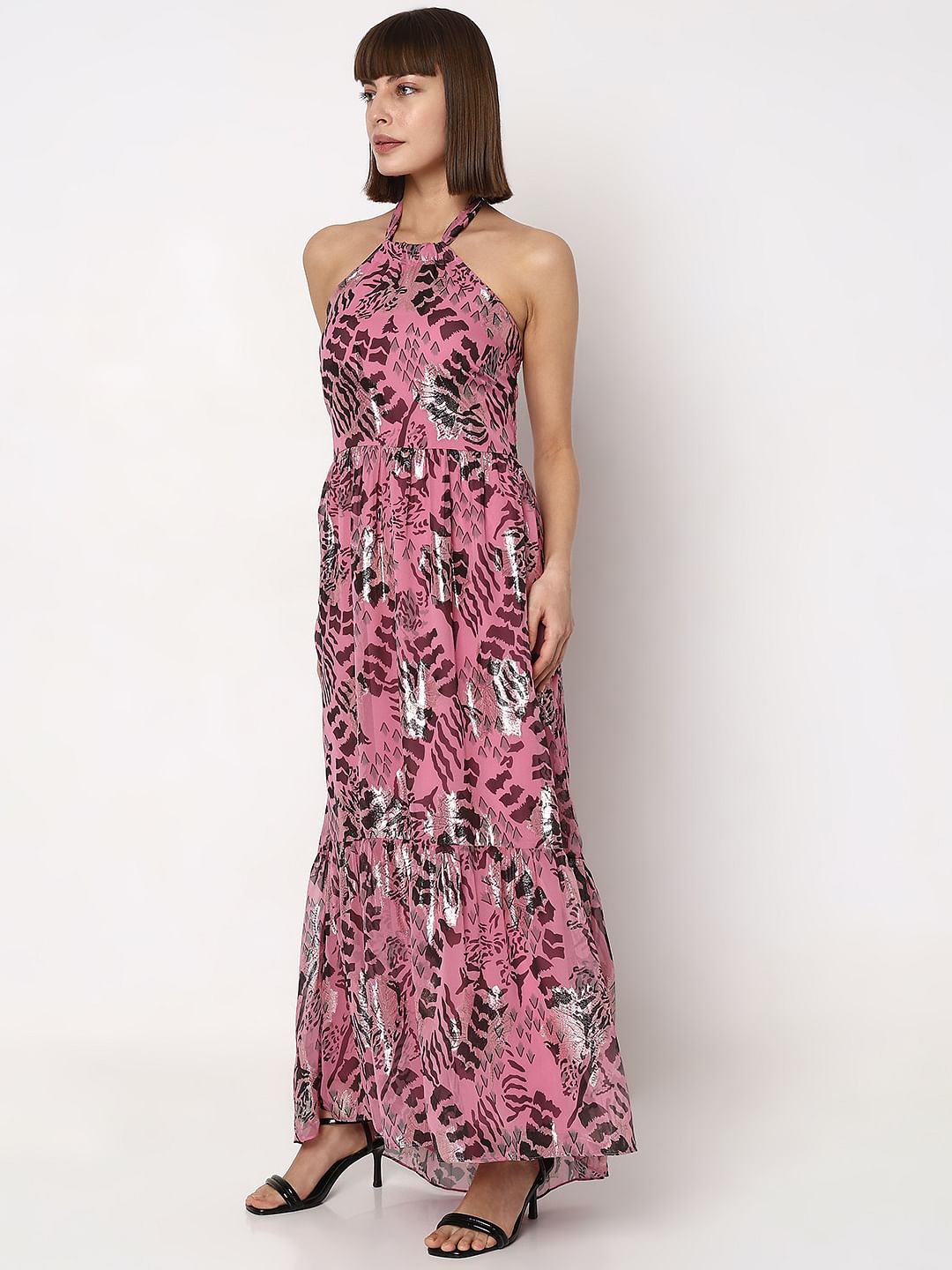 Pink Printed Halter Neck Maxi Dress
