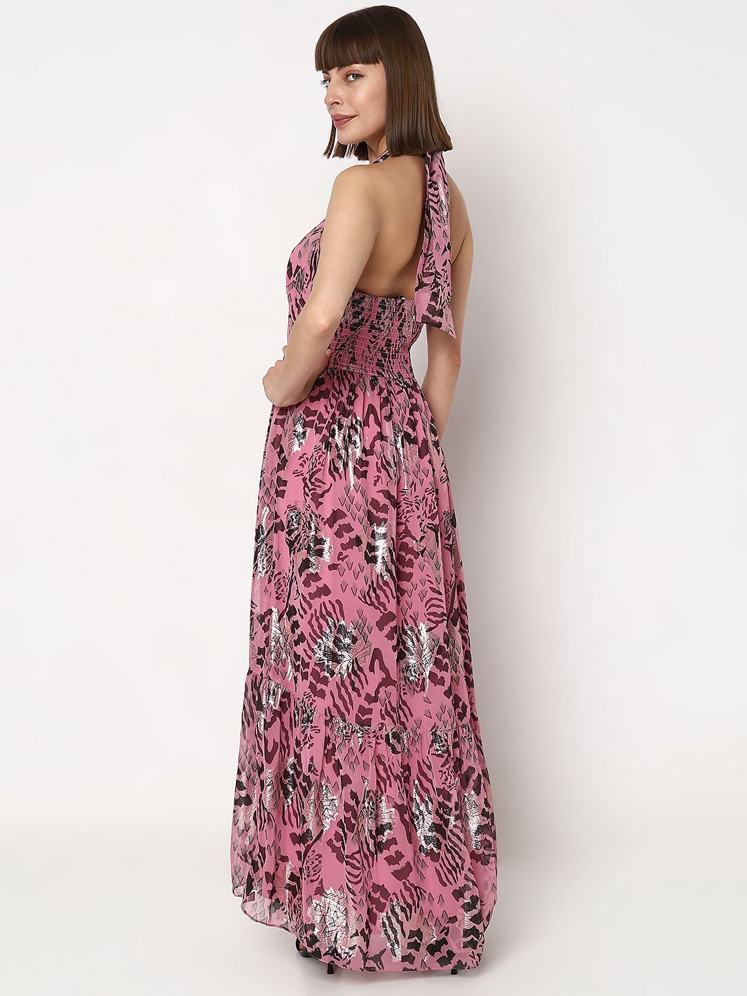 Pink Printed Halter Neck Maxi Dress