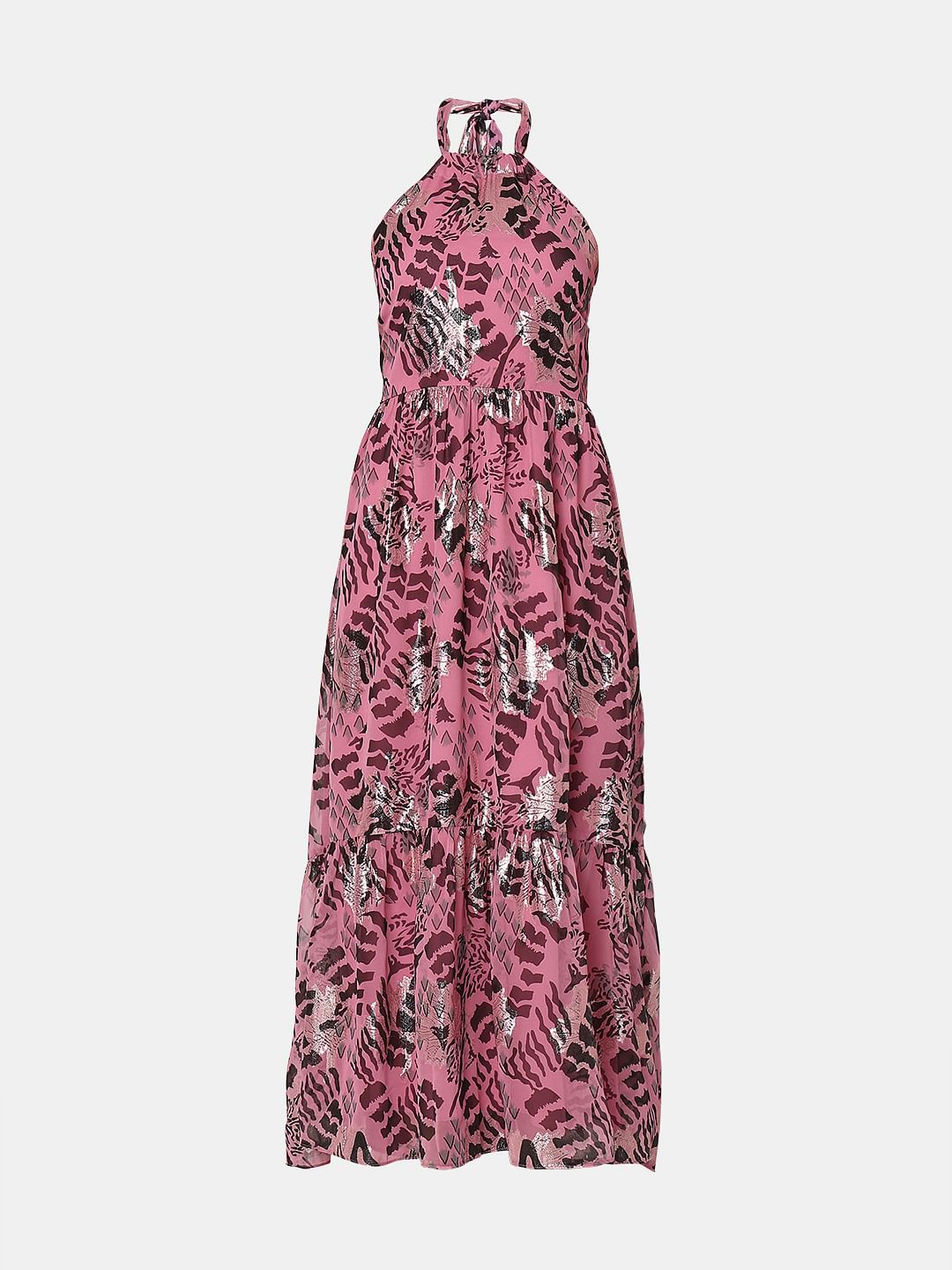Pink Printed Halter Neck Maxi Dress