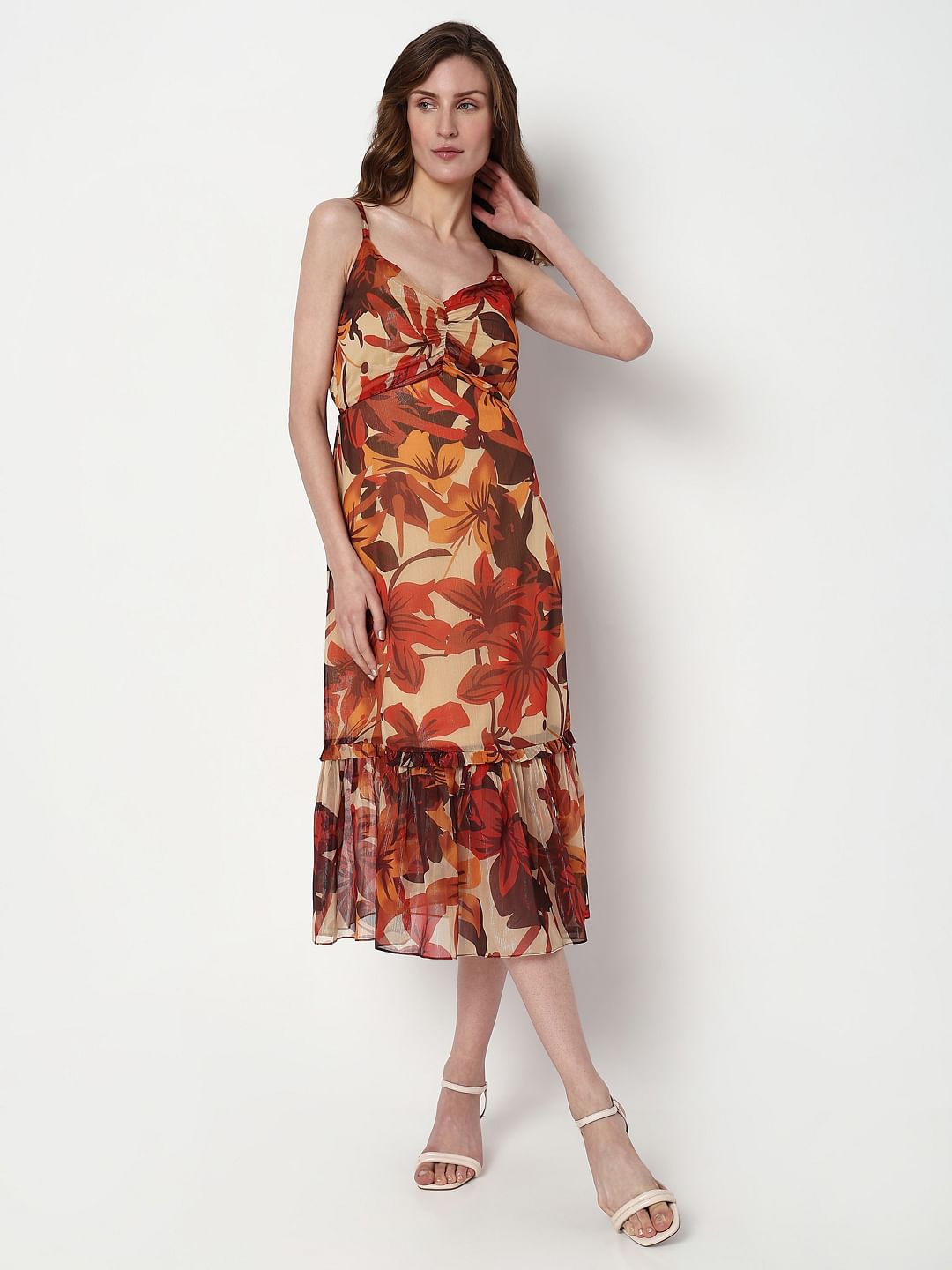 Brown Autumn Leaves Midi Dress