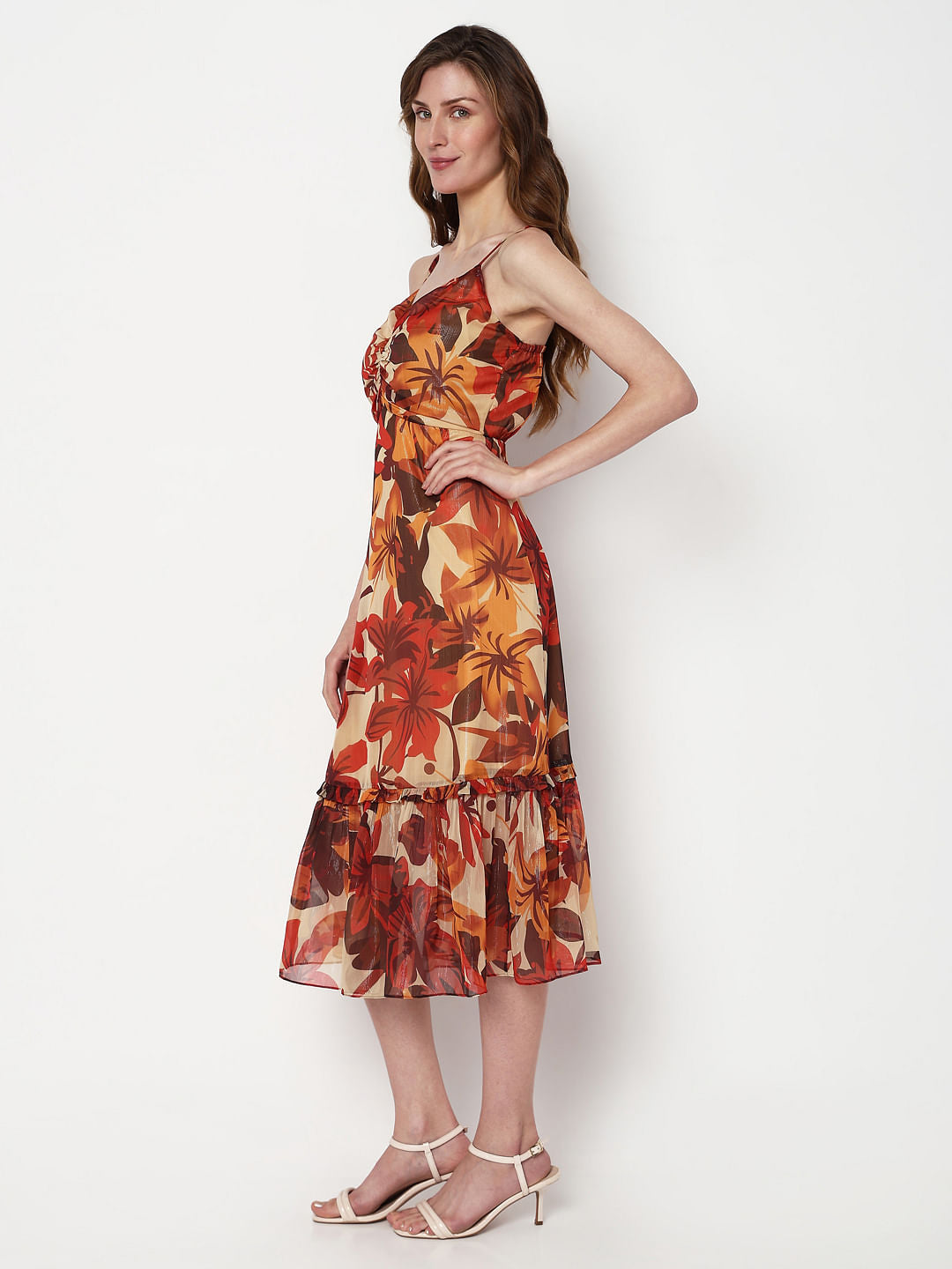 Brown Autumn Leaves Midi Dress