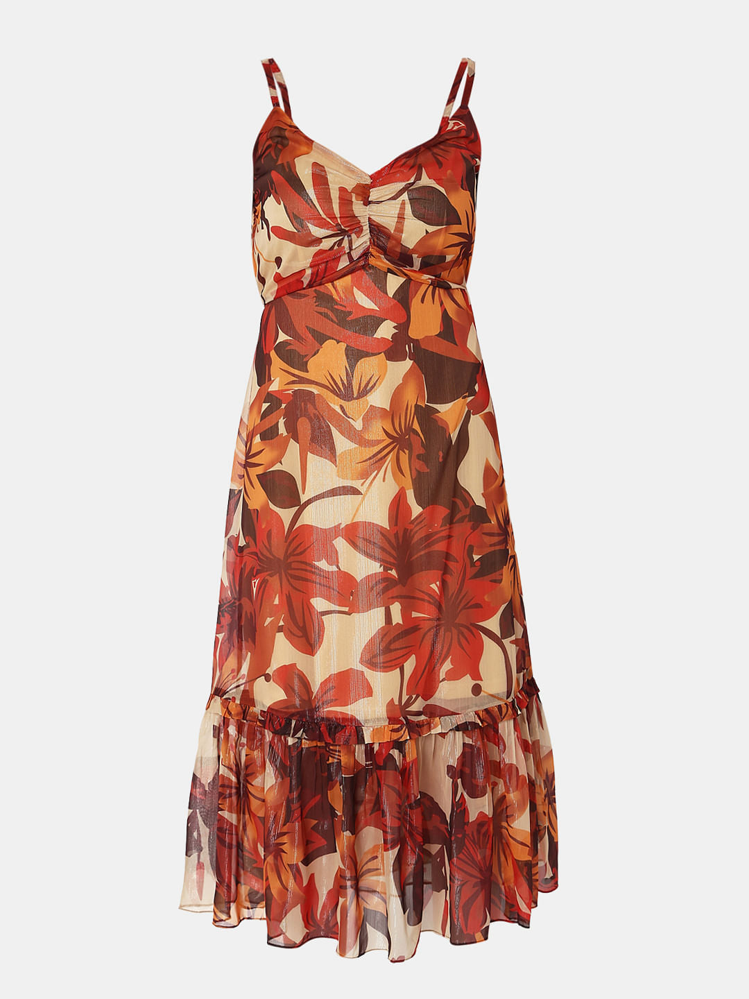 Brown Autumn Leaves Midi Dress