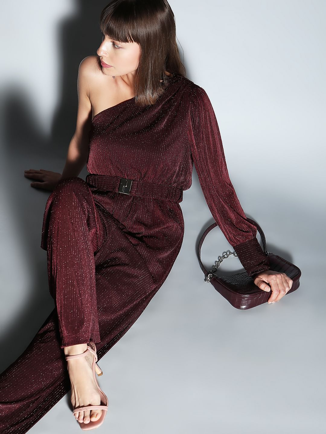 Wine Red Shimmer One-Shoulder Jumpsuit