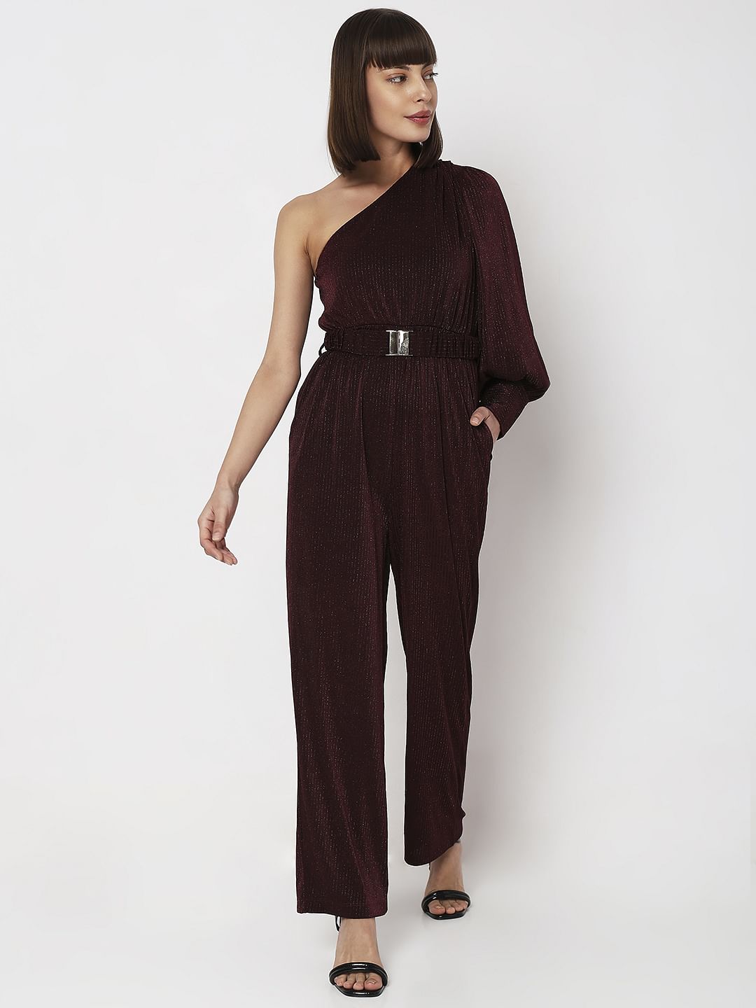 Wine Red Shimmer One-Shoulder Jumpsuit