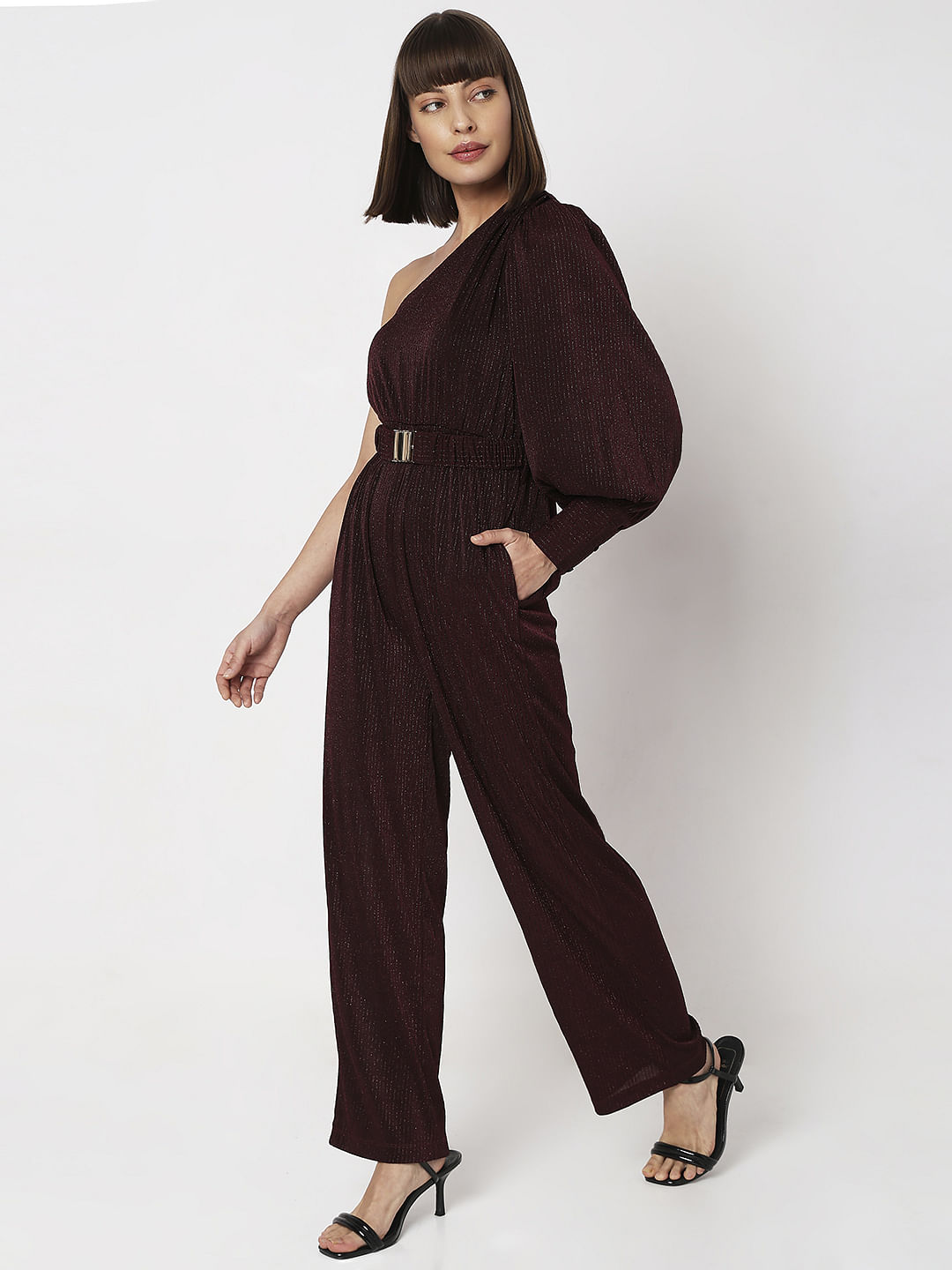 Wine Red Shimmer One-Shoulder Jumpsuit