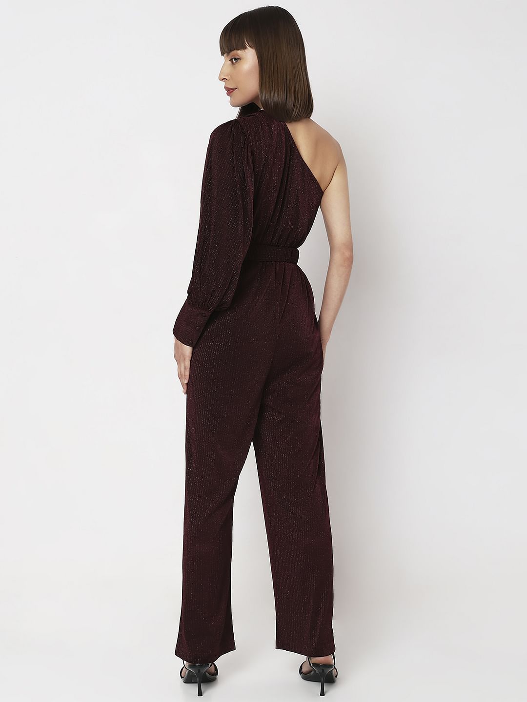 Wine Red Shimmer One-Shoulder Jumpsuit