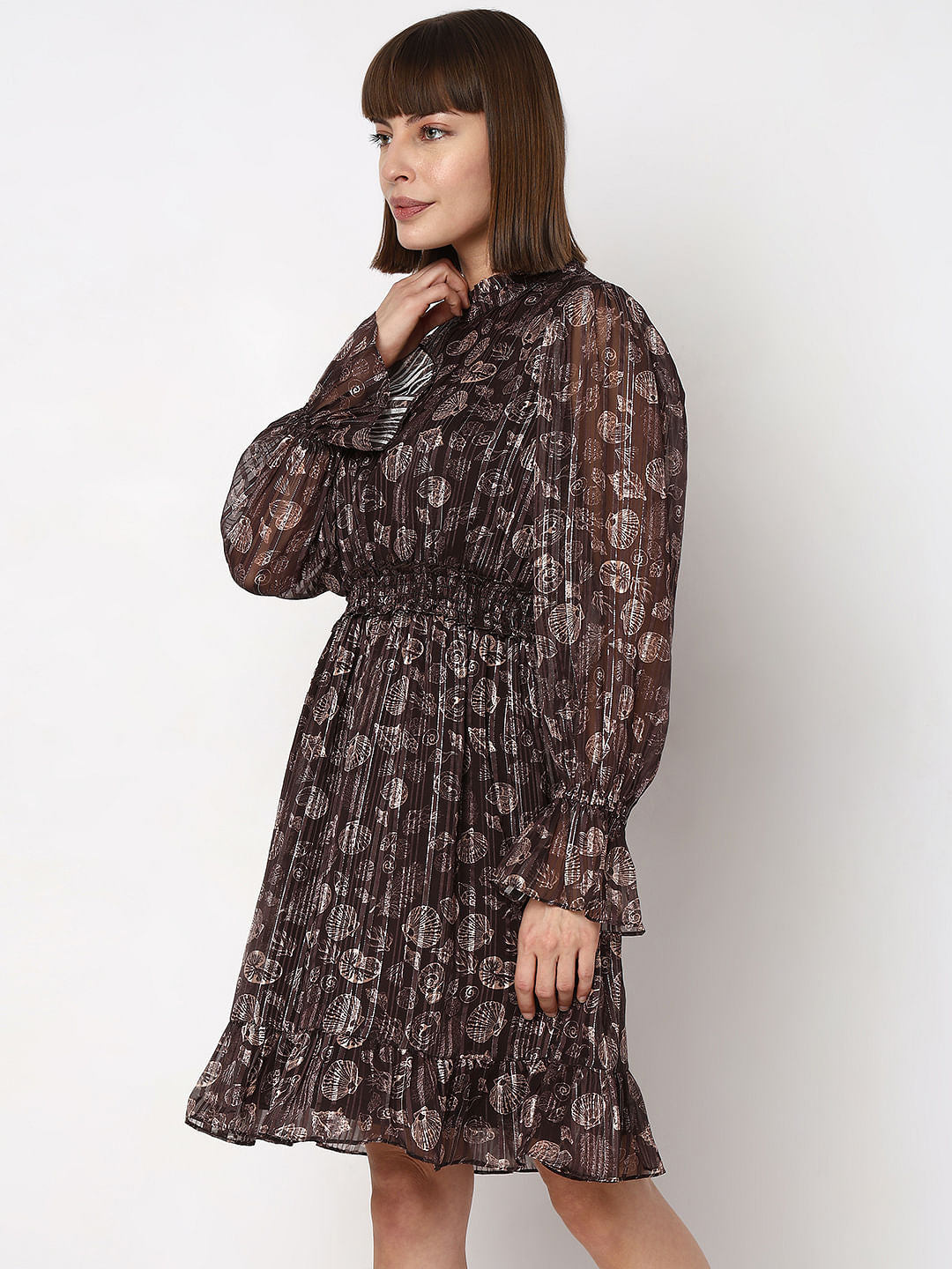 Brown Printed Lurex Fit & Flare Dress