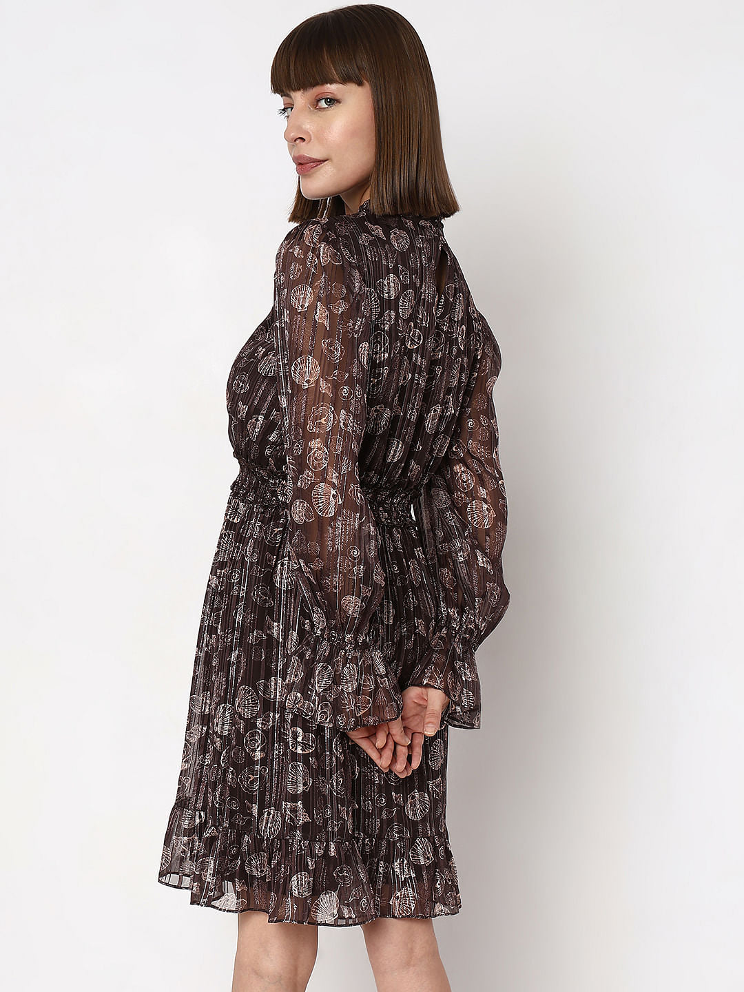 Brown Printed Lurex Fit & Flare Dress
