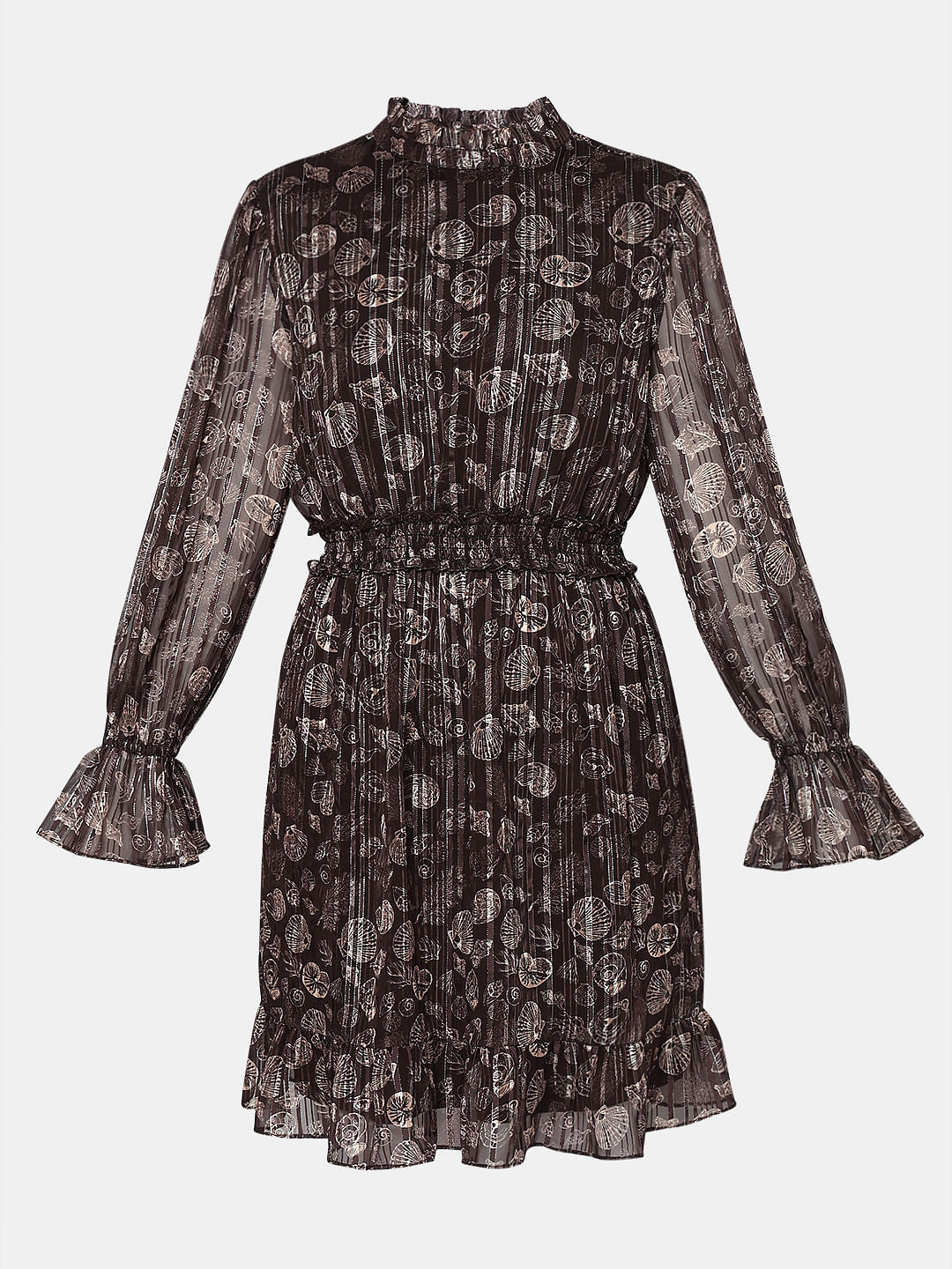 Brown Printed Lurex Fit & Flare Dress