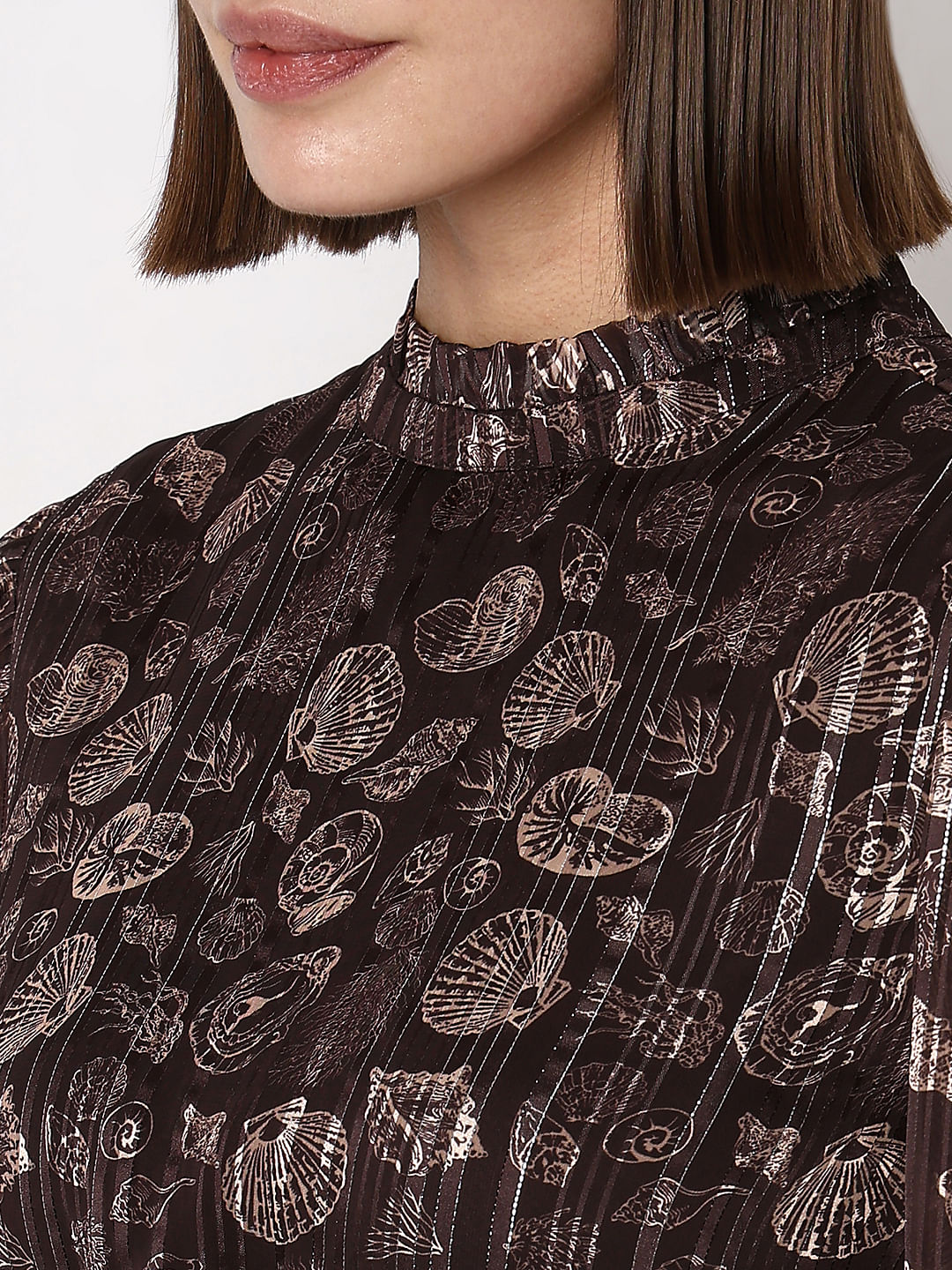 Brown Printed Lurex Fit & Flare Dress