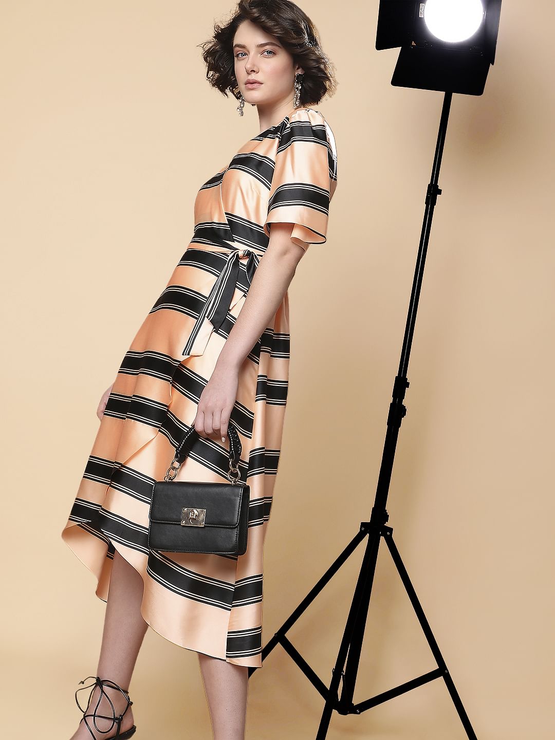 Peach Striped Fit & Flare Wrap Dress Peach Striped Fit & Flare Wrap Dress