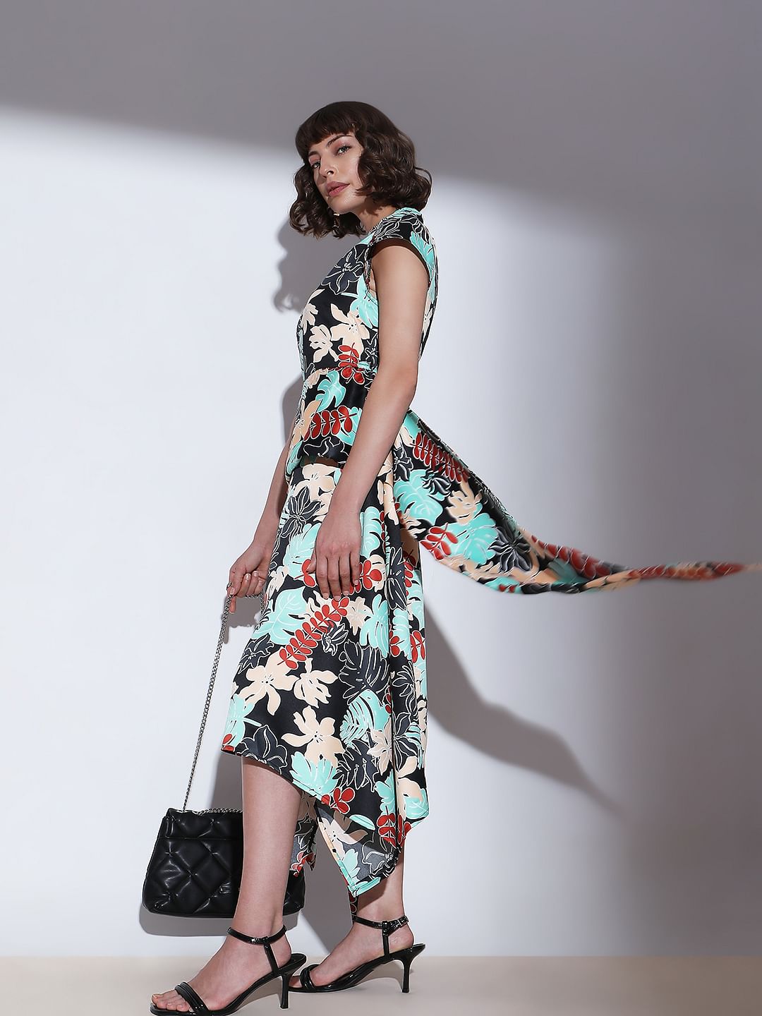 Black Floral Print Midi Dress