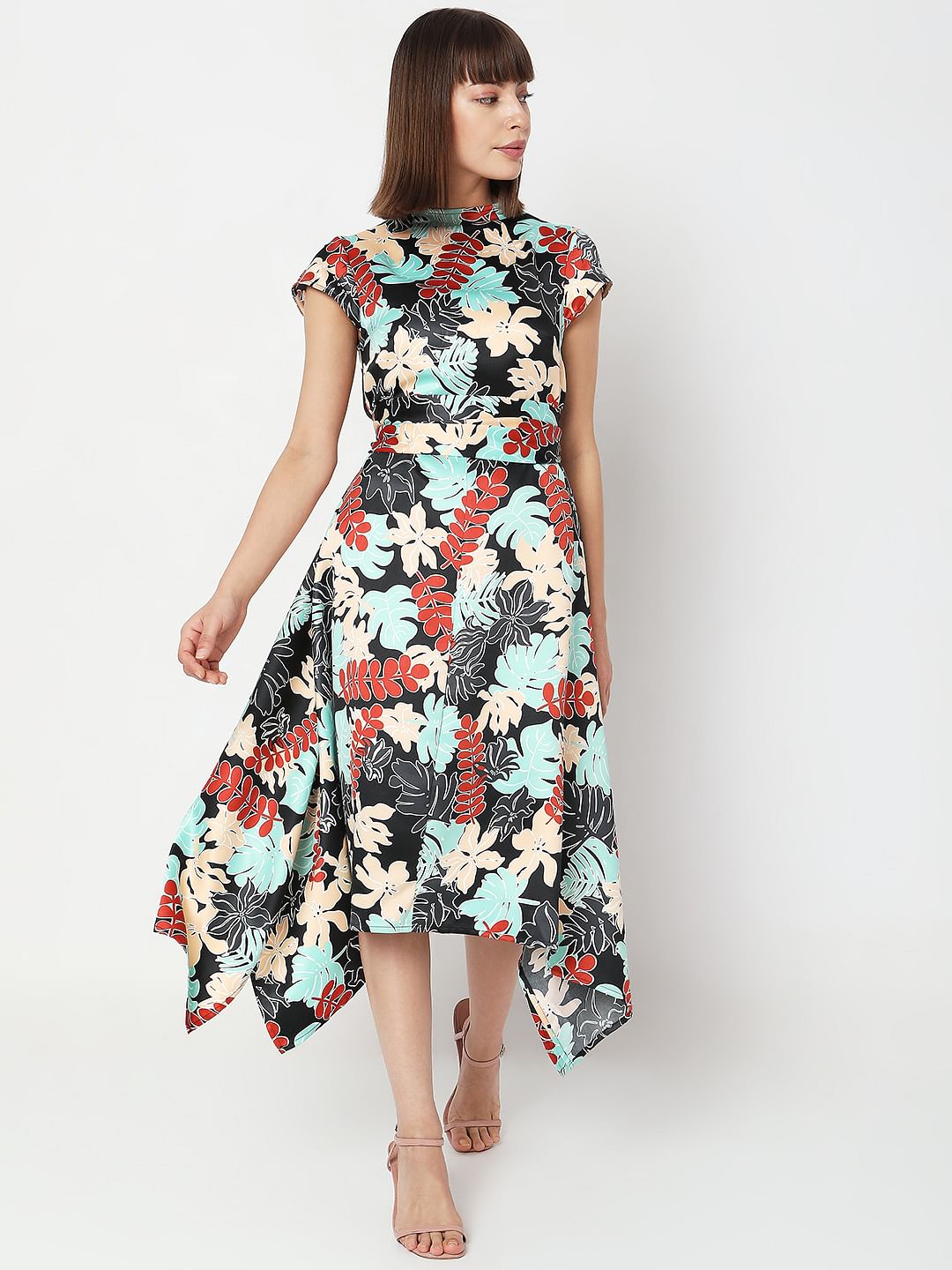 Black Floral Print Midi Dress
