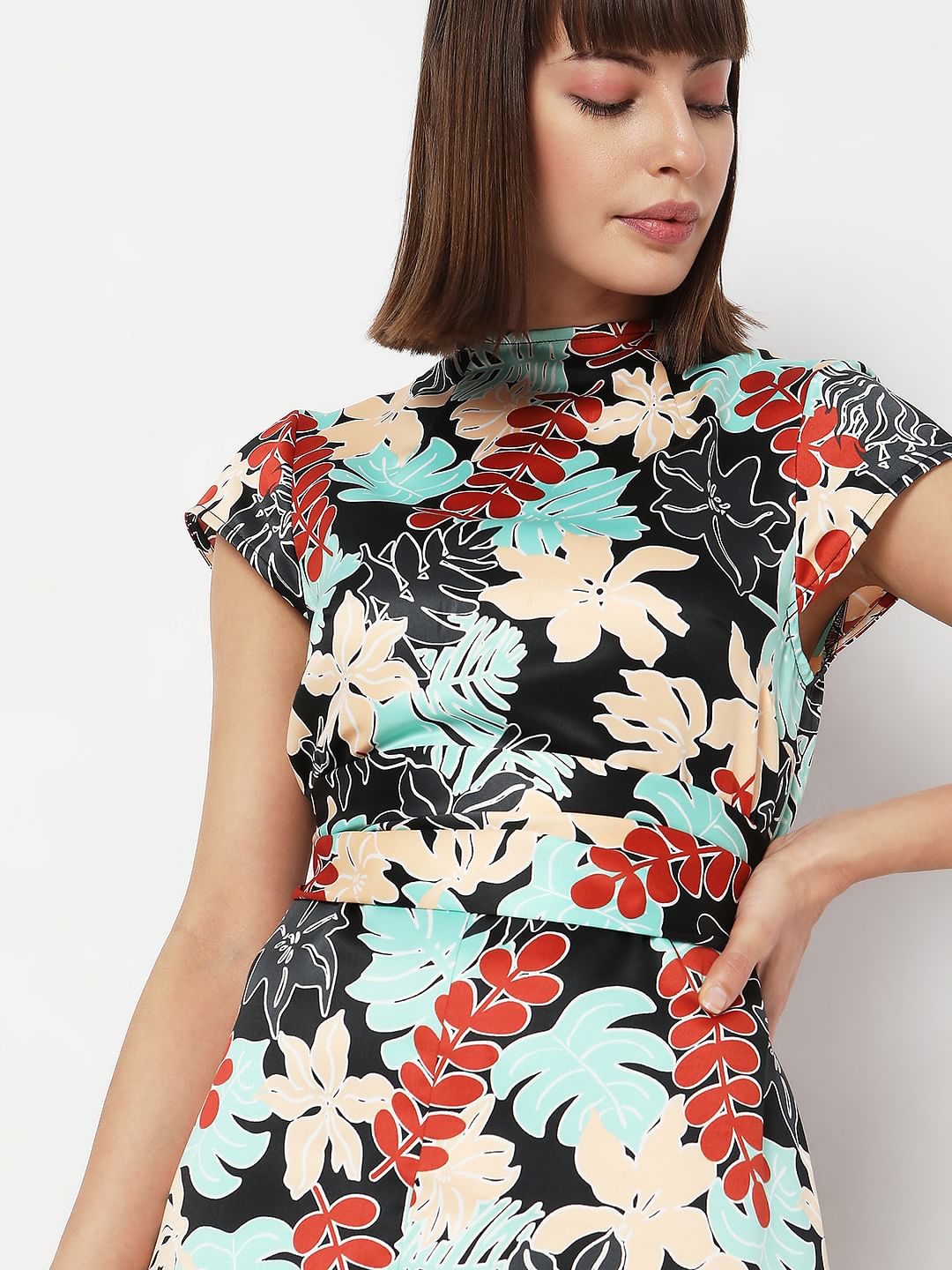 Black Floral Print Midi Dress