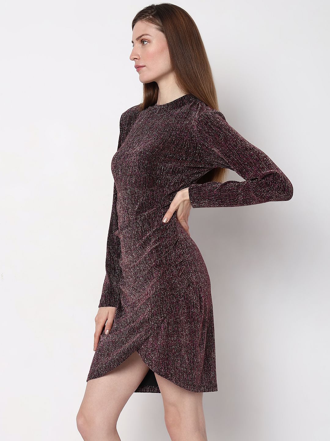 Maroon Metallic Lurex Bodycon Dress