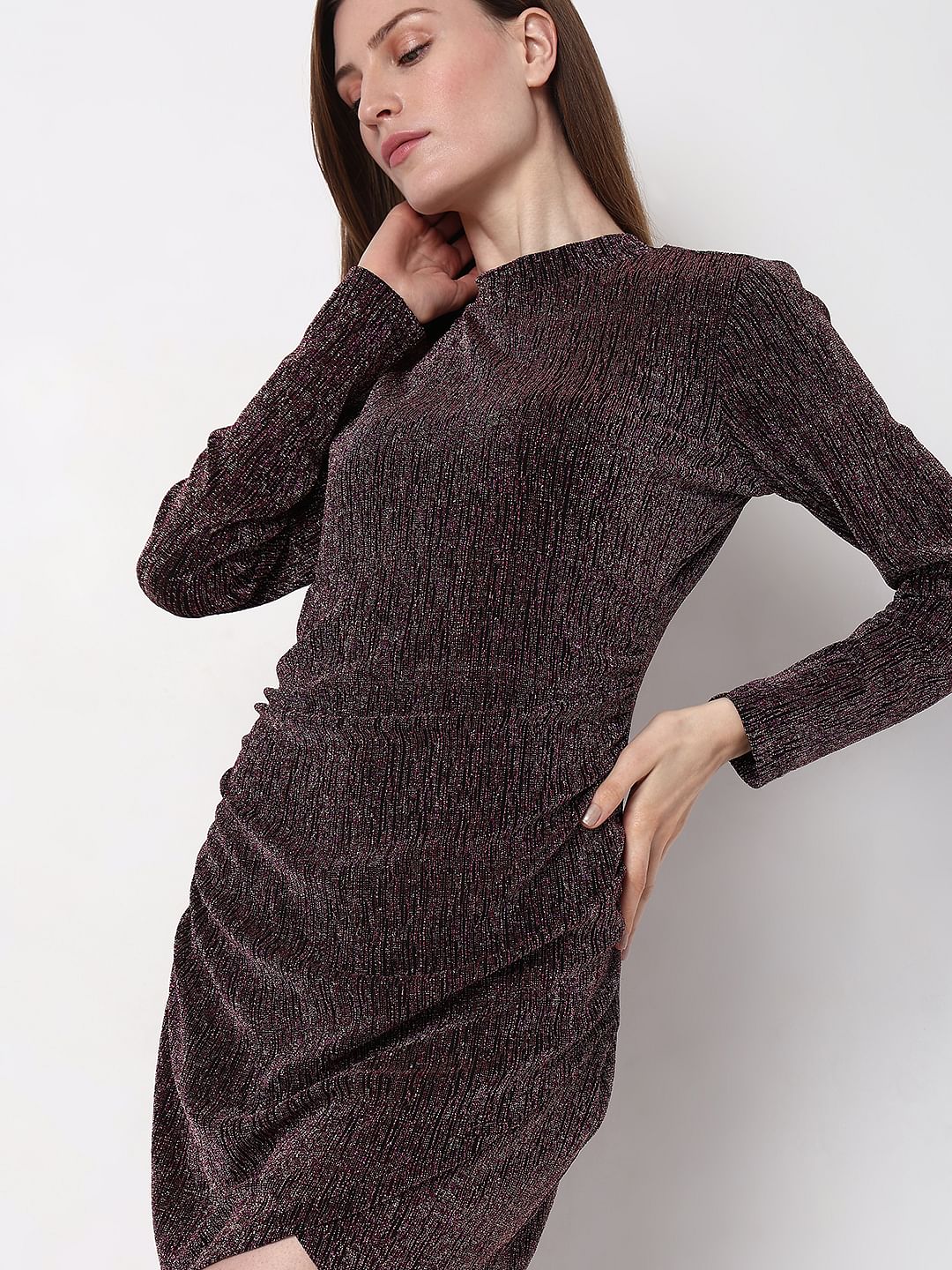 Maroon Metallic Lurex Bodycon Dress