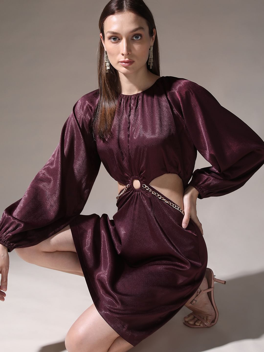 Wine Cut-Out Short Dress