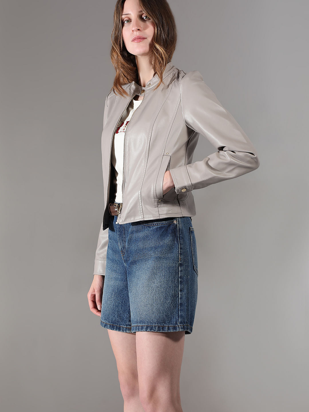 Grey Faux Leather Biker Jacket