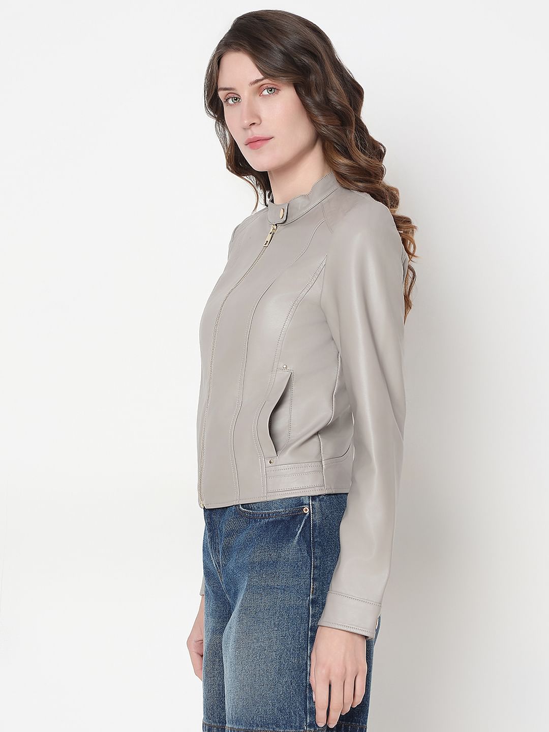 Grey Faux Leather Biker Jacket