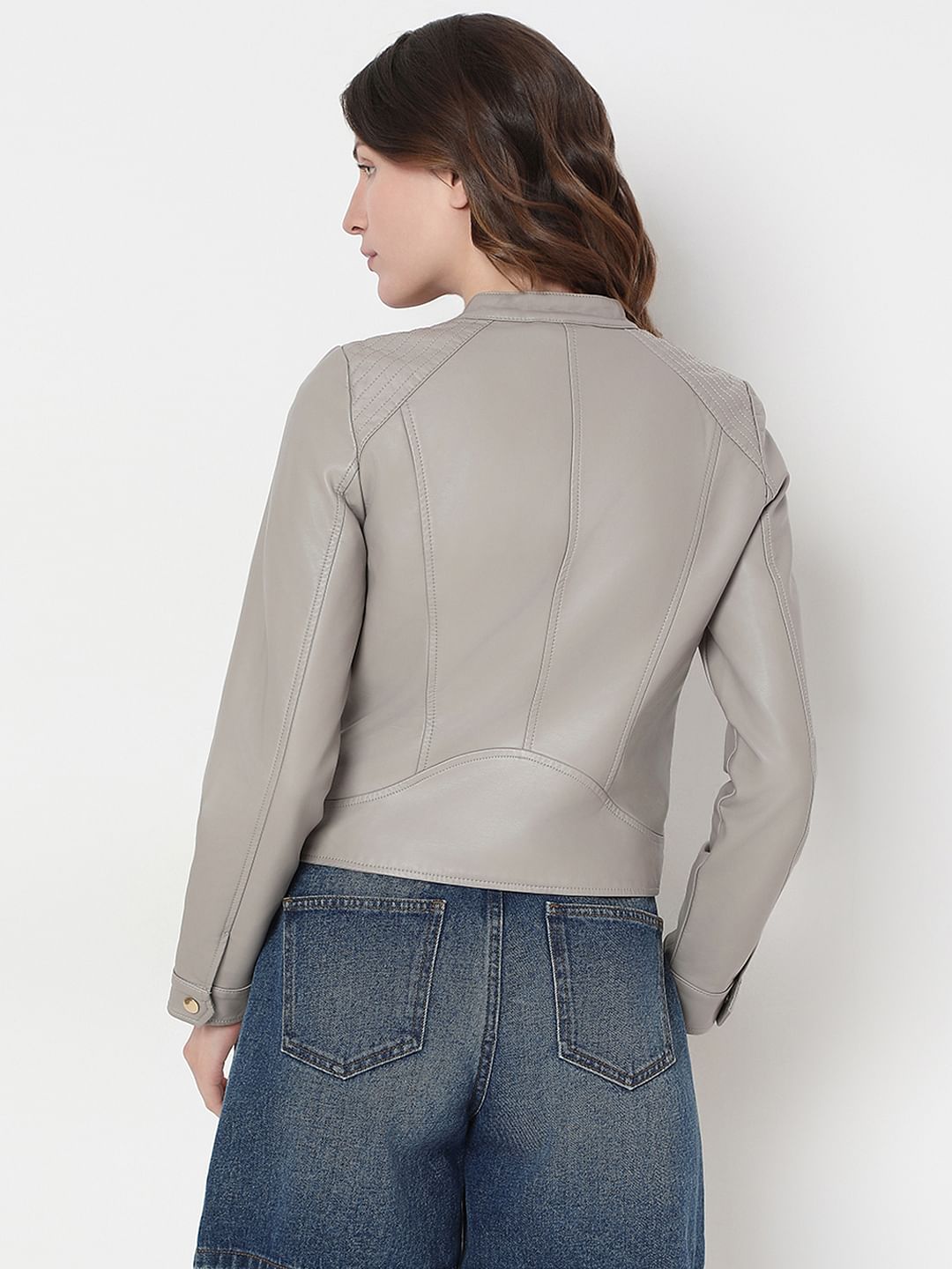 Grey Faux Leather Biker Jacket