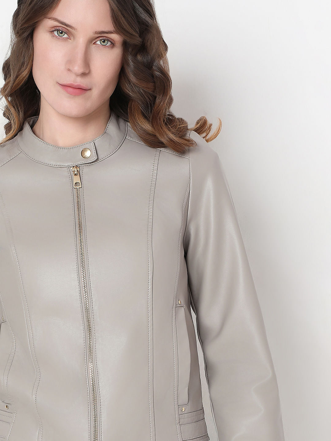 Grey Faux Leather Biker Jacket