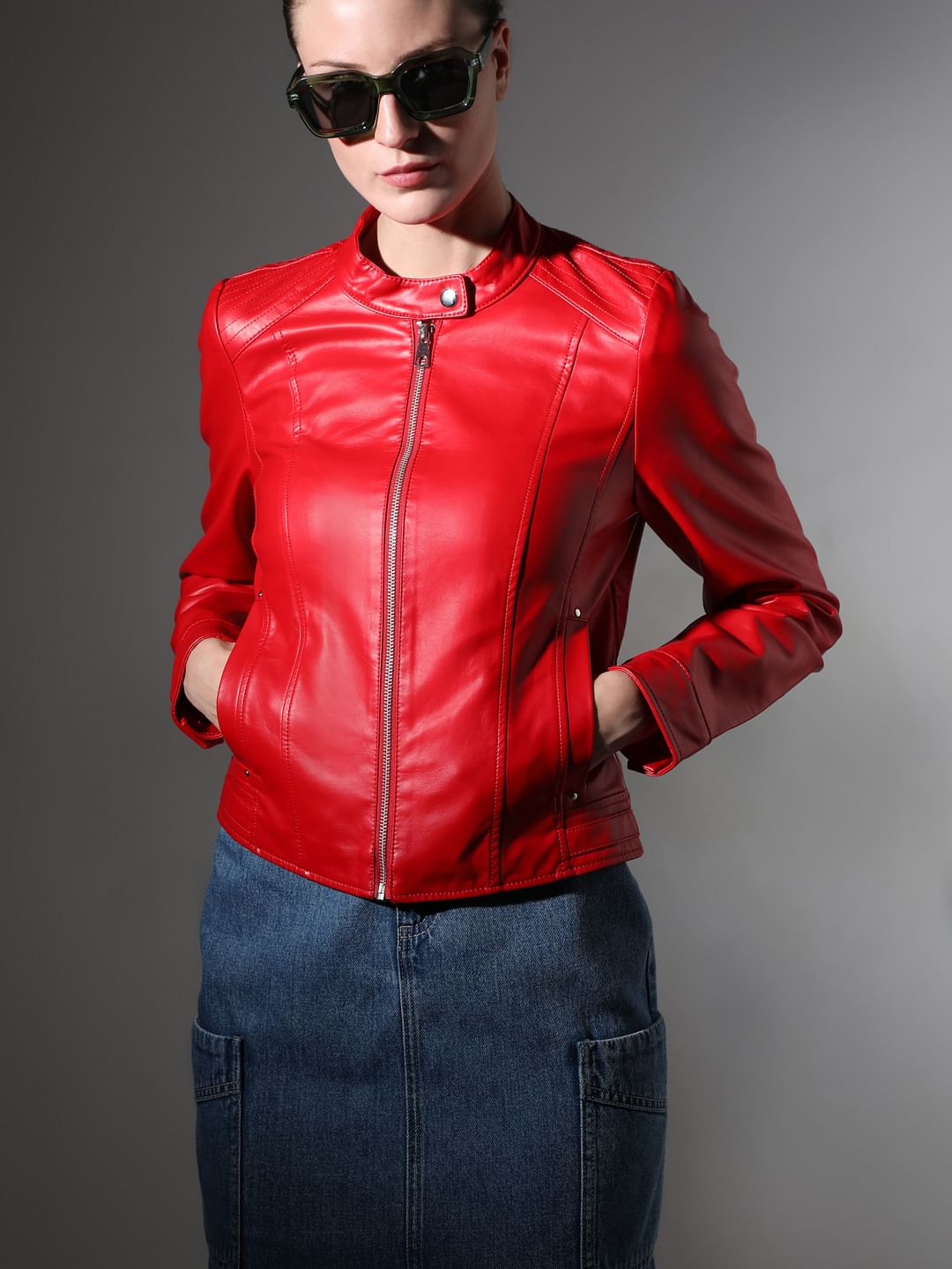 Red Faux Leather Biker Jacket
