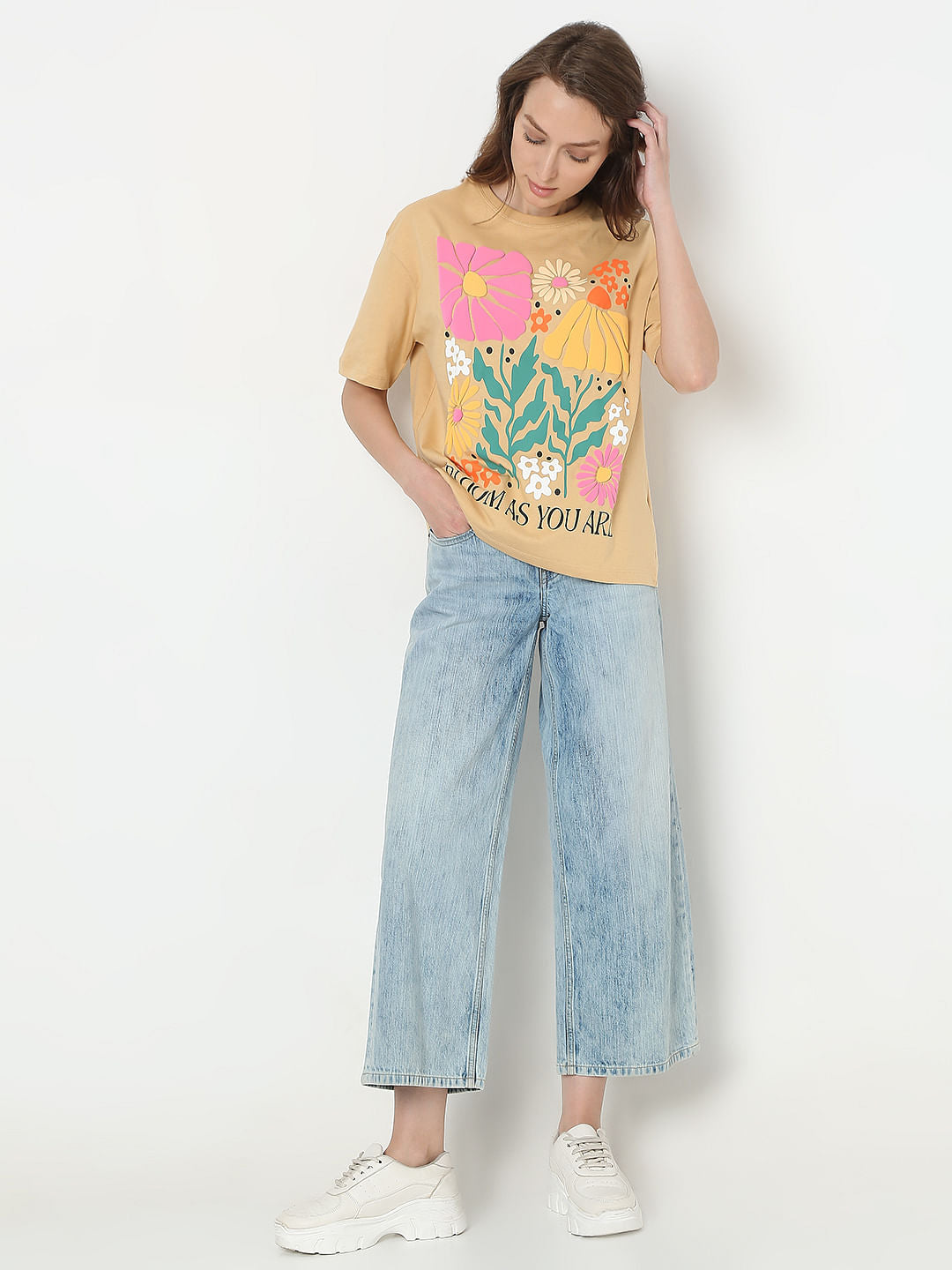 Beige Floral Print T-Shirt