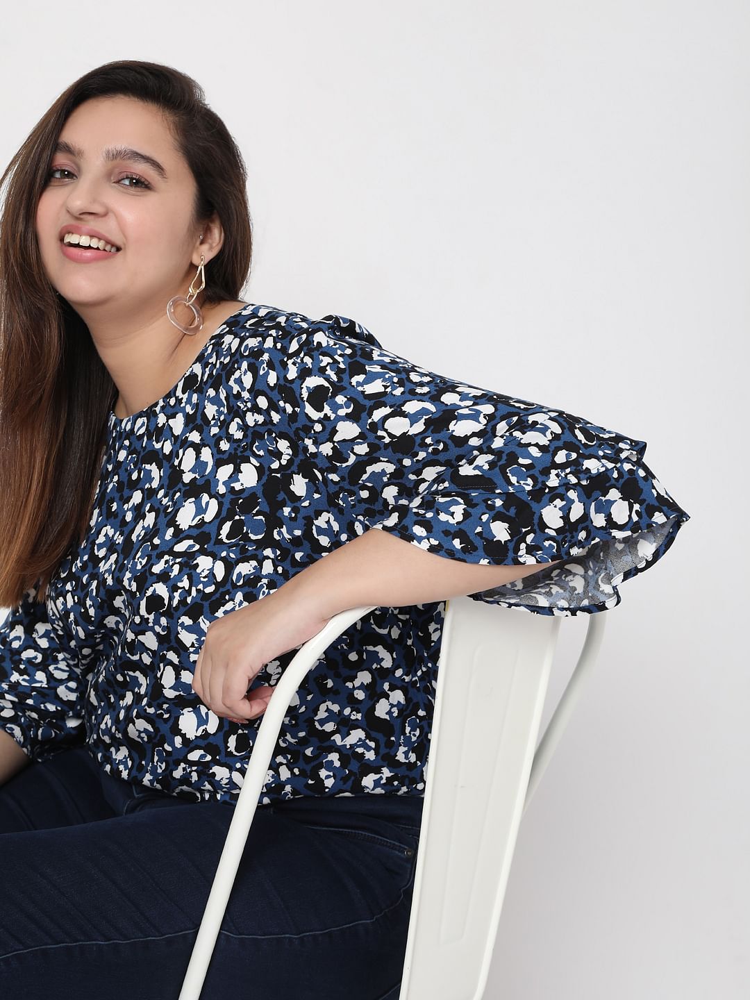 Curve Blue Abstract Print Top