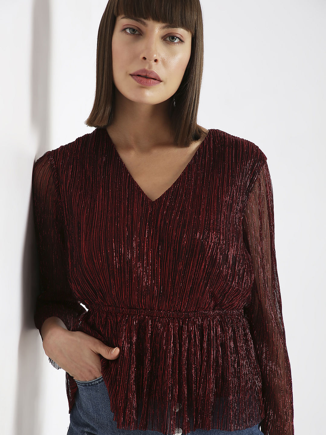 Red Textured Lurex Top